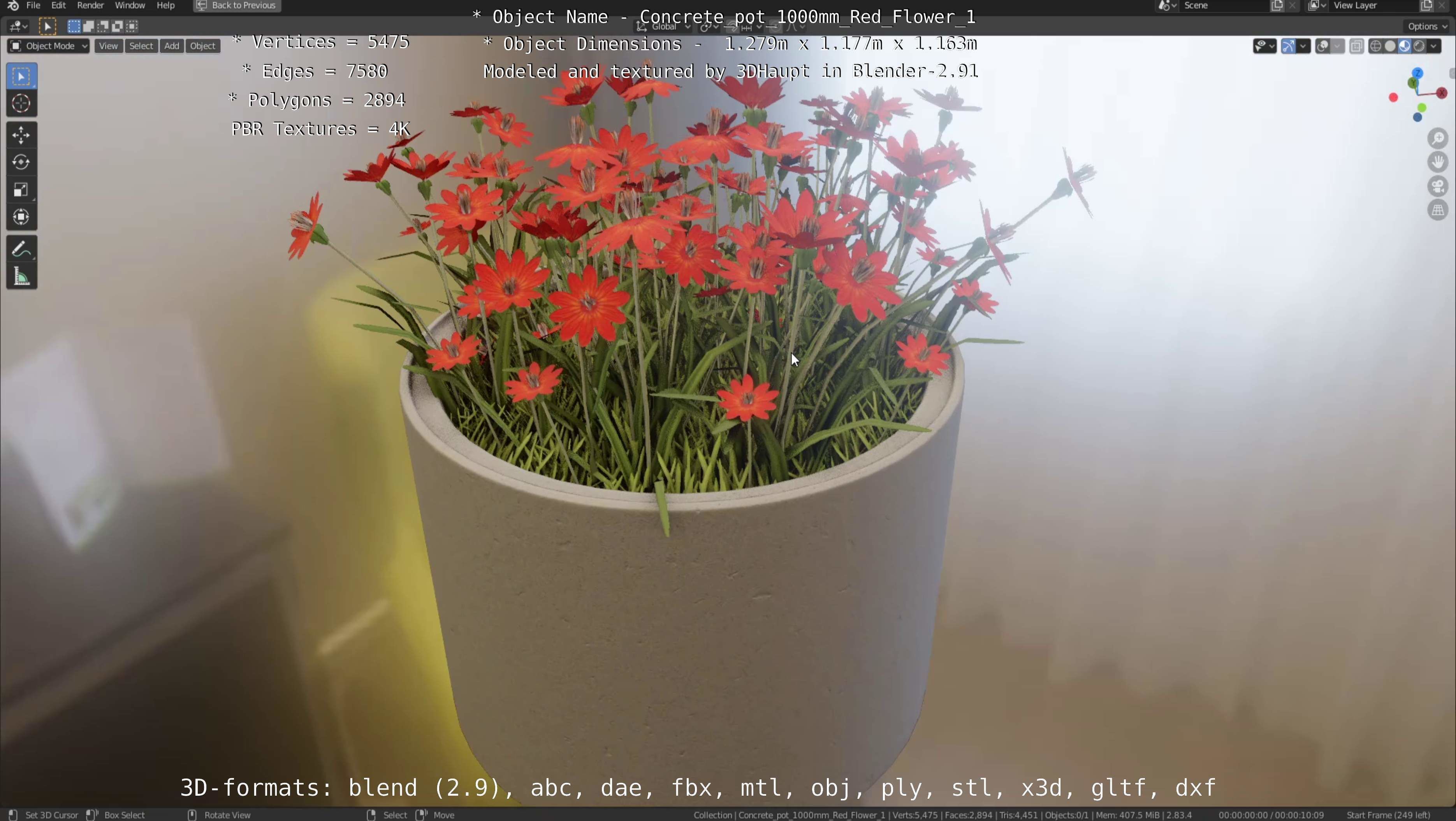 Concrete 1000mm with Red Flowers Version 1 Low-poly 3D model_75
