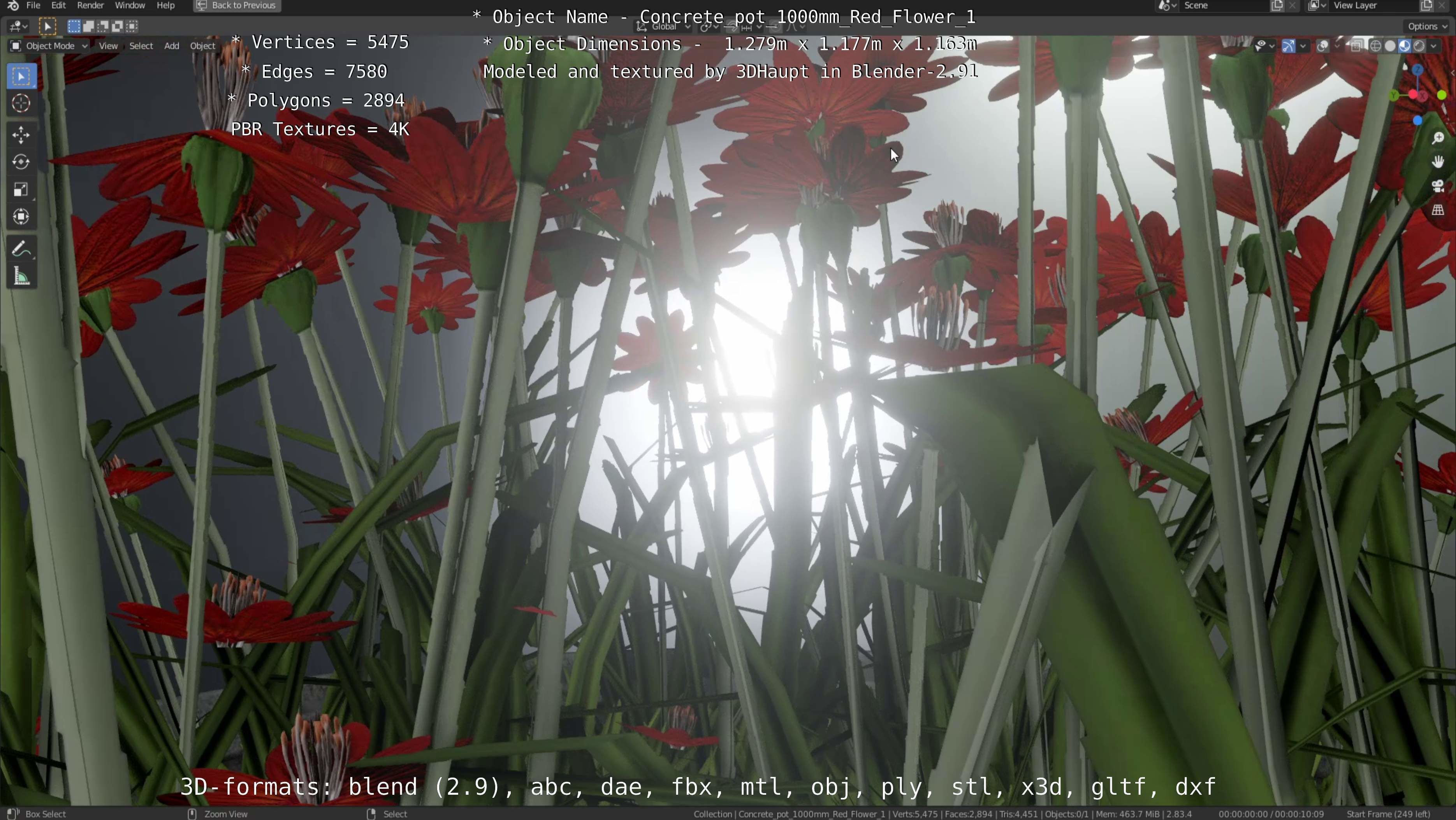 Concrete 1000mm with Red Flowers Version 1 Low-poly 3D model_5