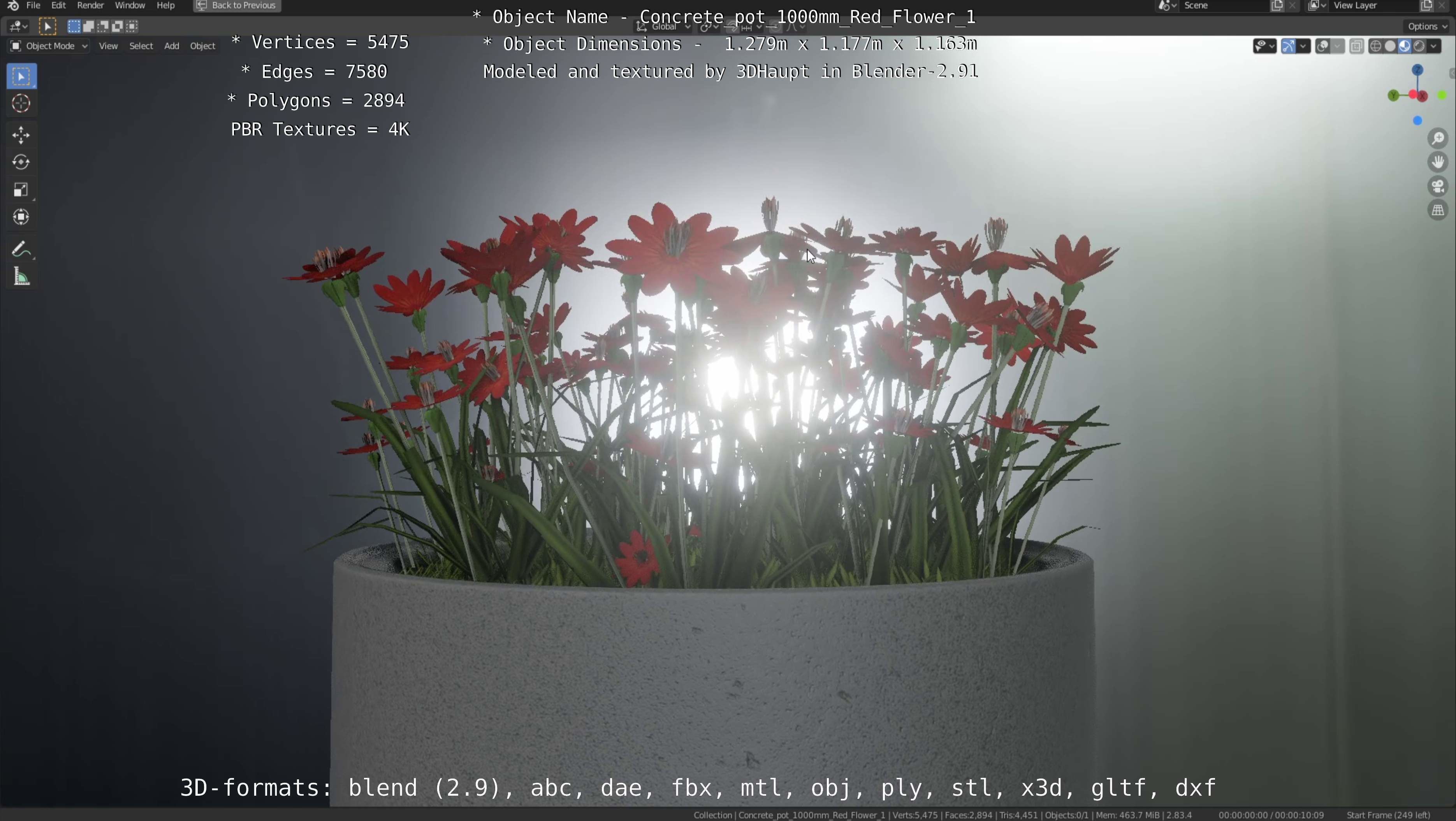 Concrete 1000mm with Red Flowers Version 1 Low-poly 3D model_90