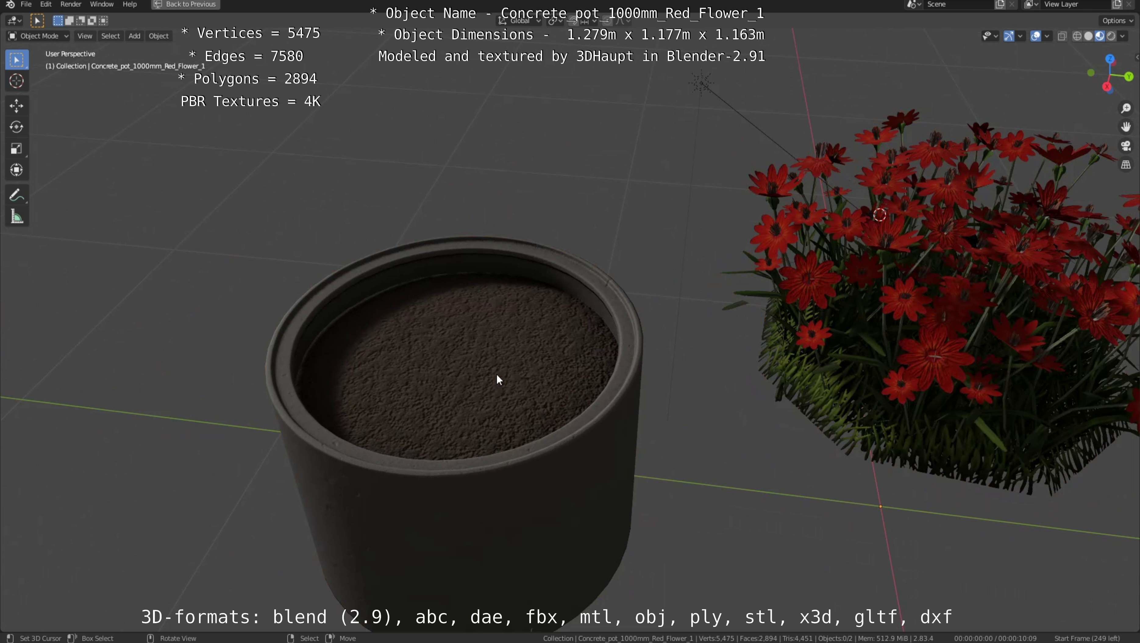 Concrete 1000mm with Red Flowers Version 1 Low-poly 3D model_19
