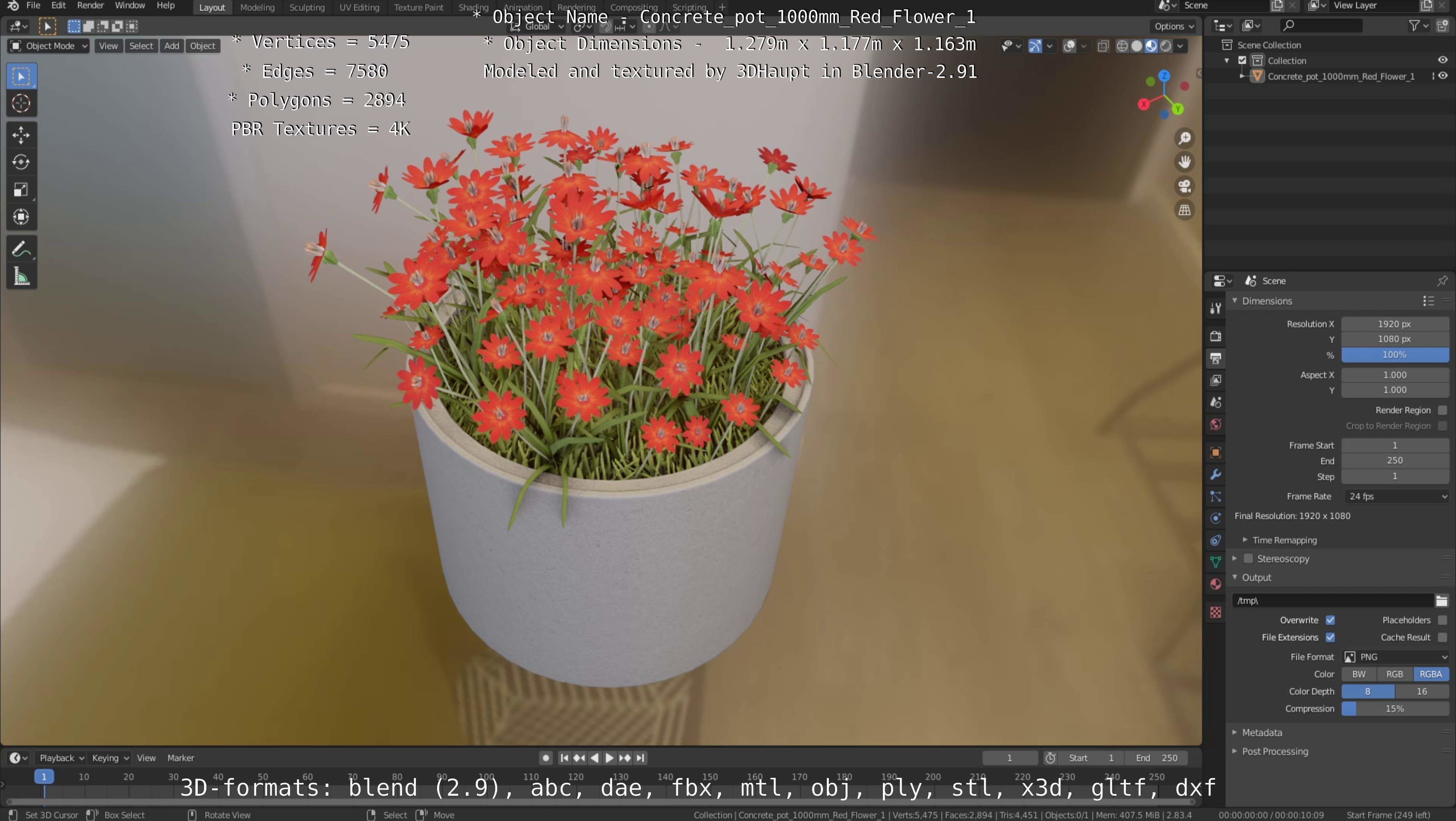 Concrete 1000mm with Red Flowers Version 1 Low-poly 3D model_70