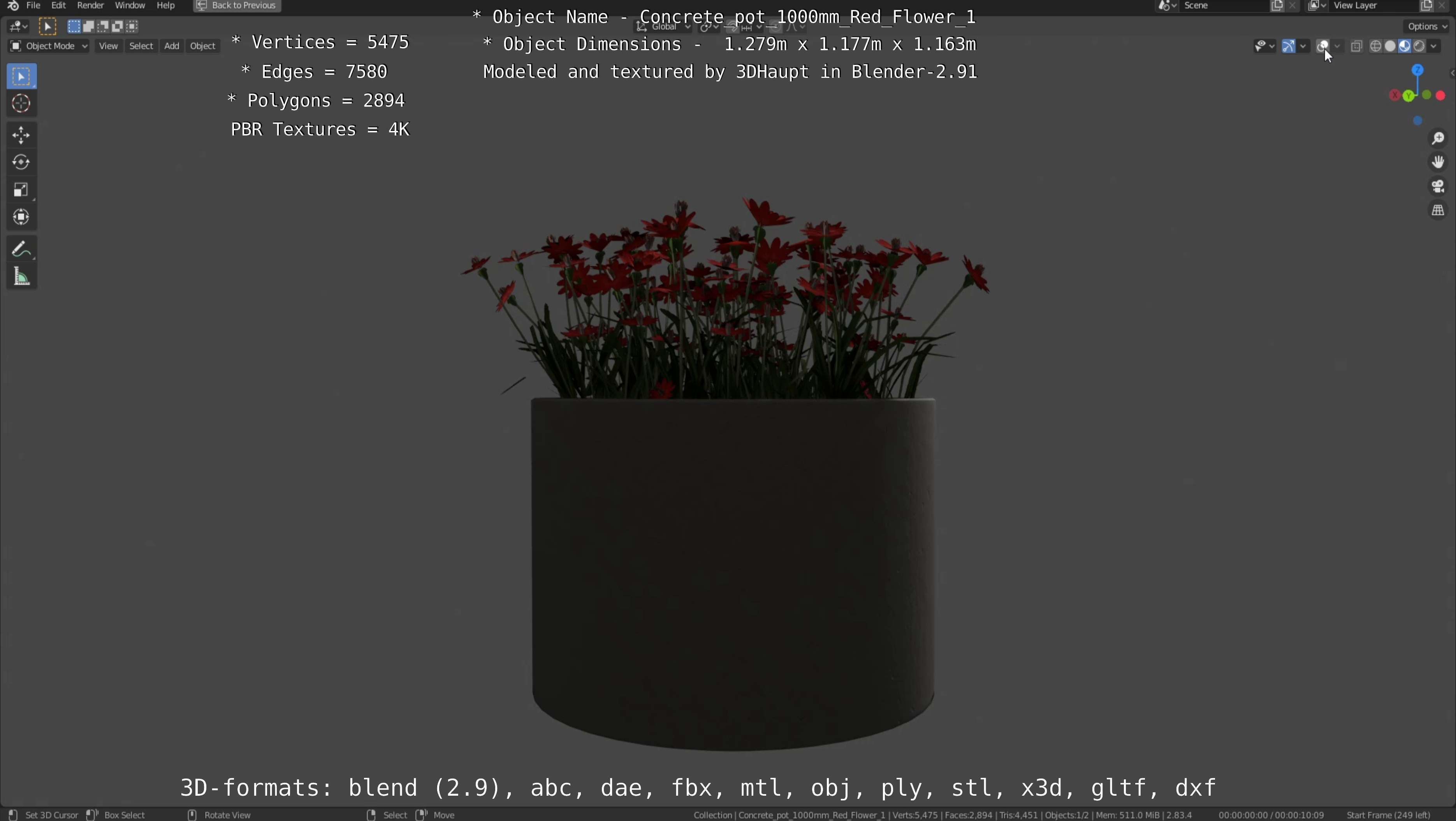 Concrete 1000mm with Red Flowers Version 1 Low-poly 3D model_15