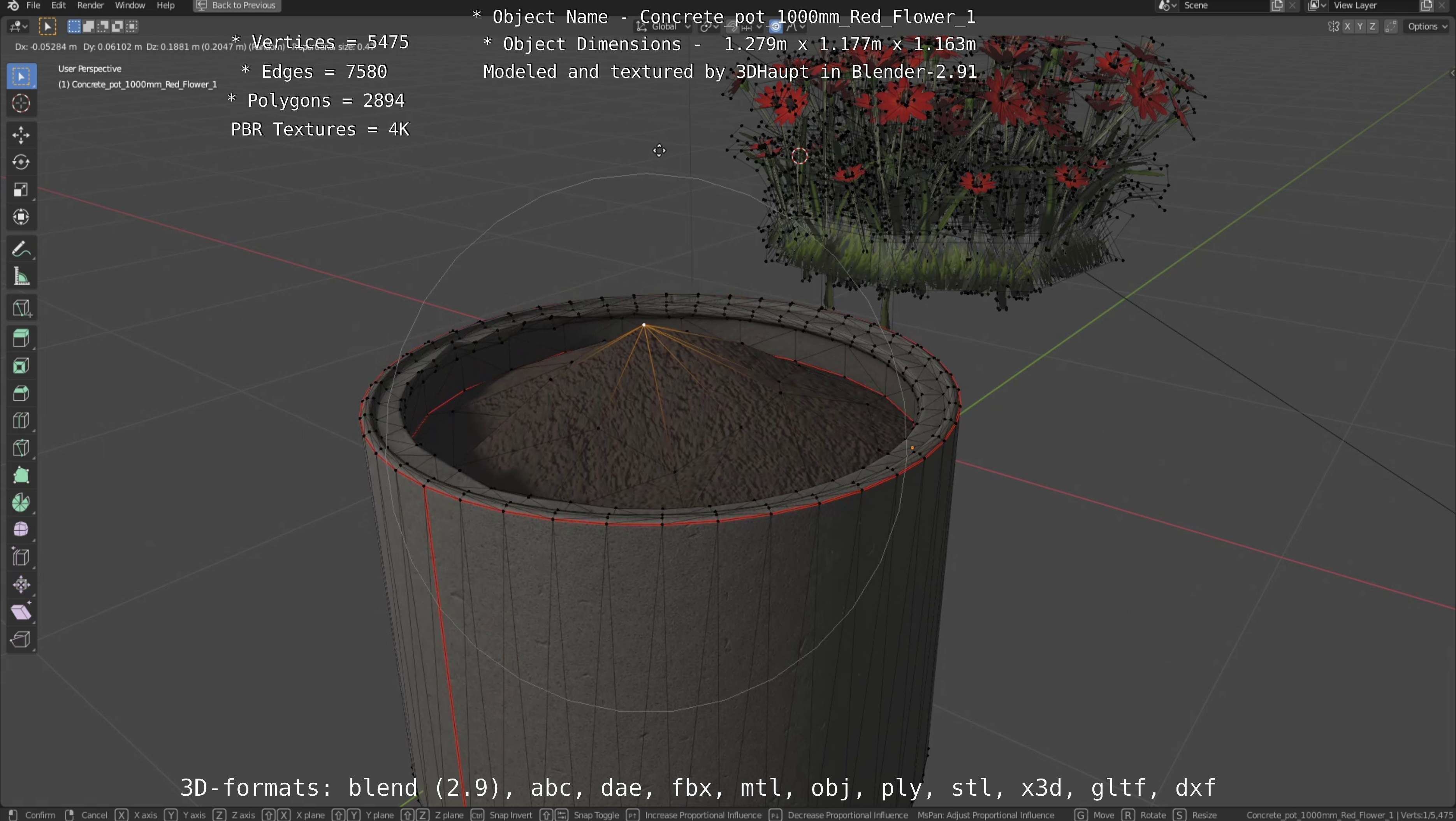 Concrete 1000mm with Red Flowers Version 1 Low-poly 3D model_58