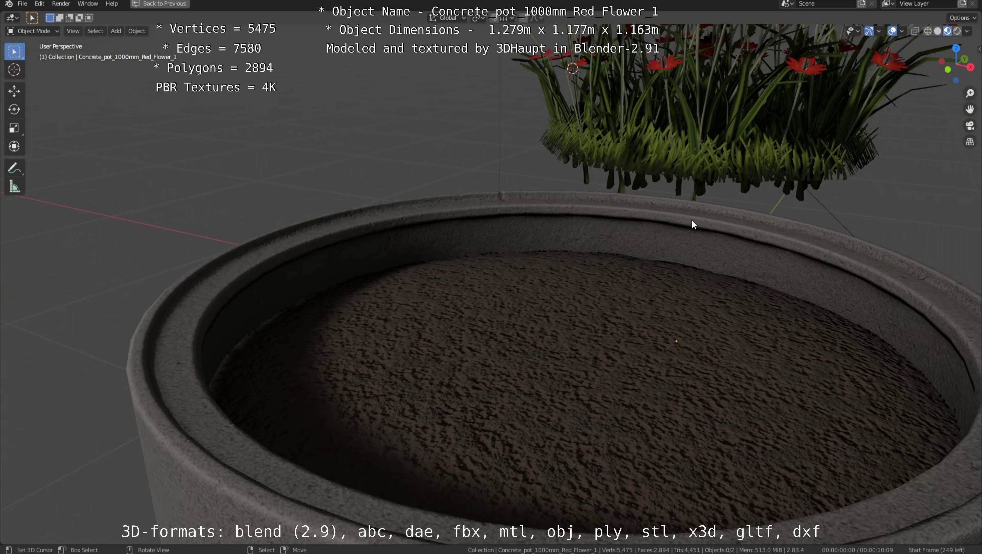 Concrete 1000mm with Red Flowers Version 1 Low-poly 3D model_50