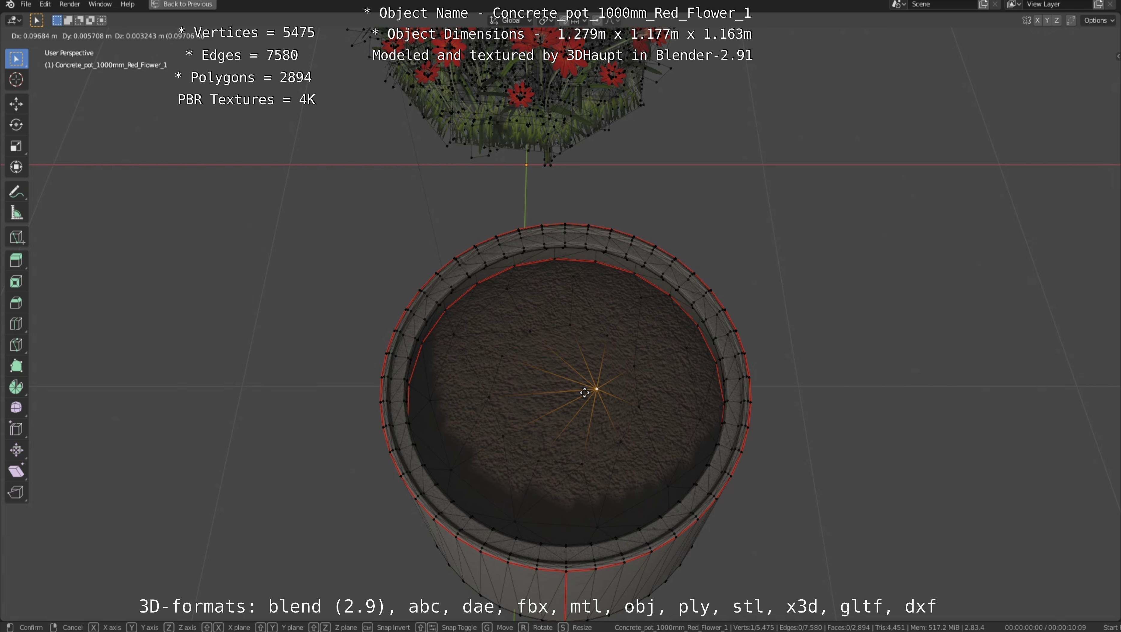 Concrete 1000mm with Red Flowers Version 1 Low-poly 3D model_28