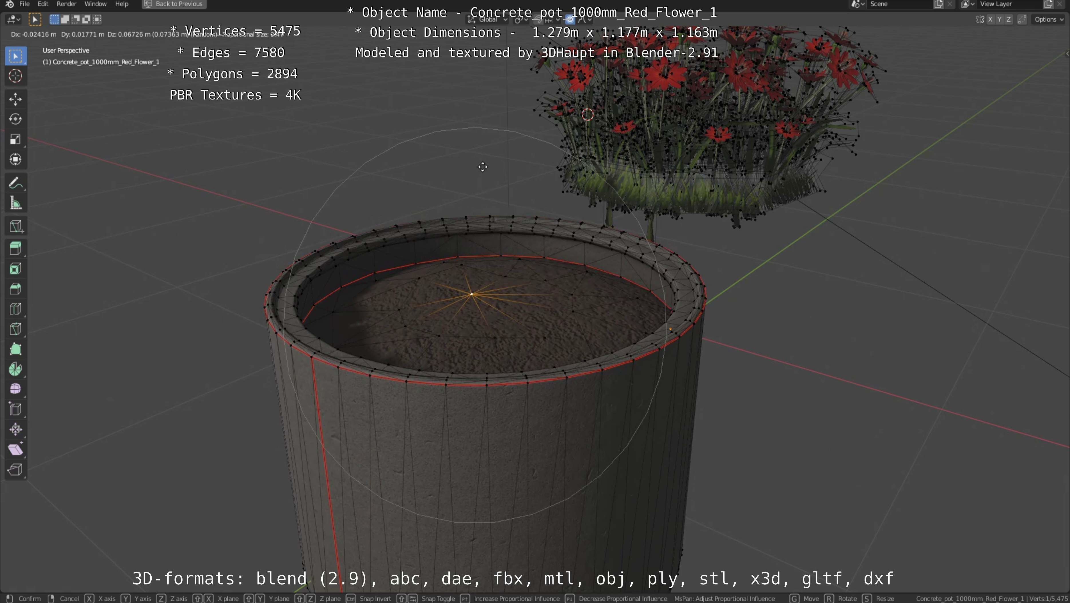 Concrete 1000mm with Red Flowers Version 1 Low-poly 3D model_54