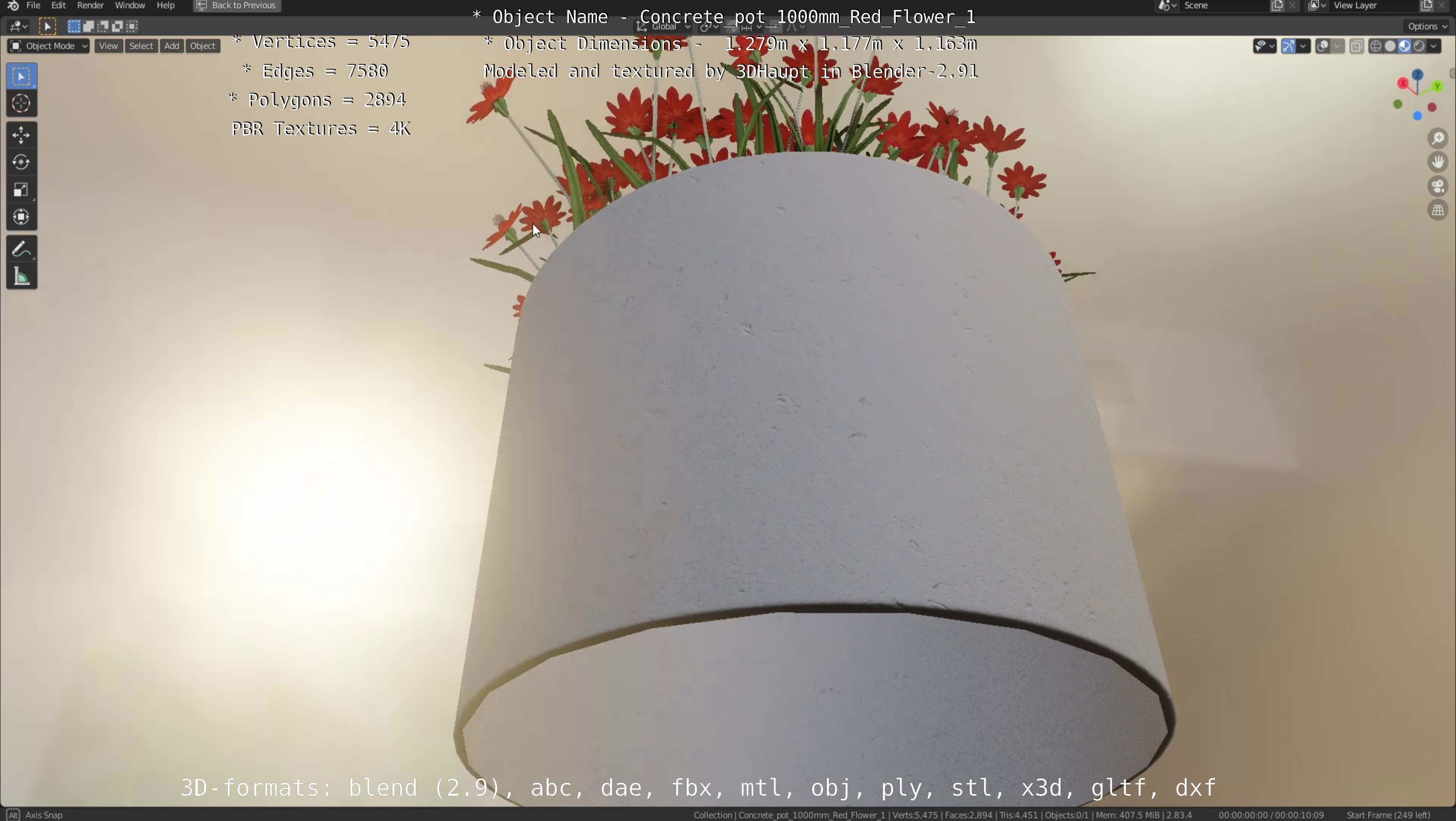 Concrete 1000mm with Red Flowers Version 1 Low-poly 3D model_38