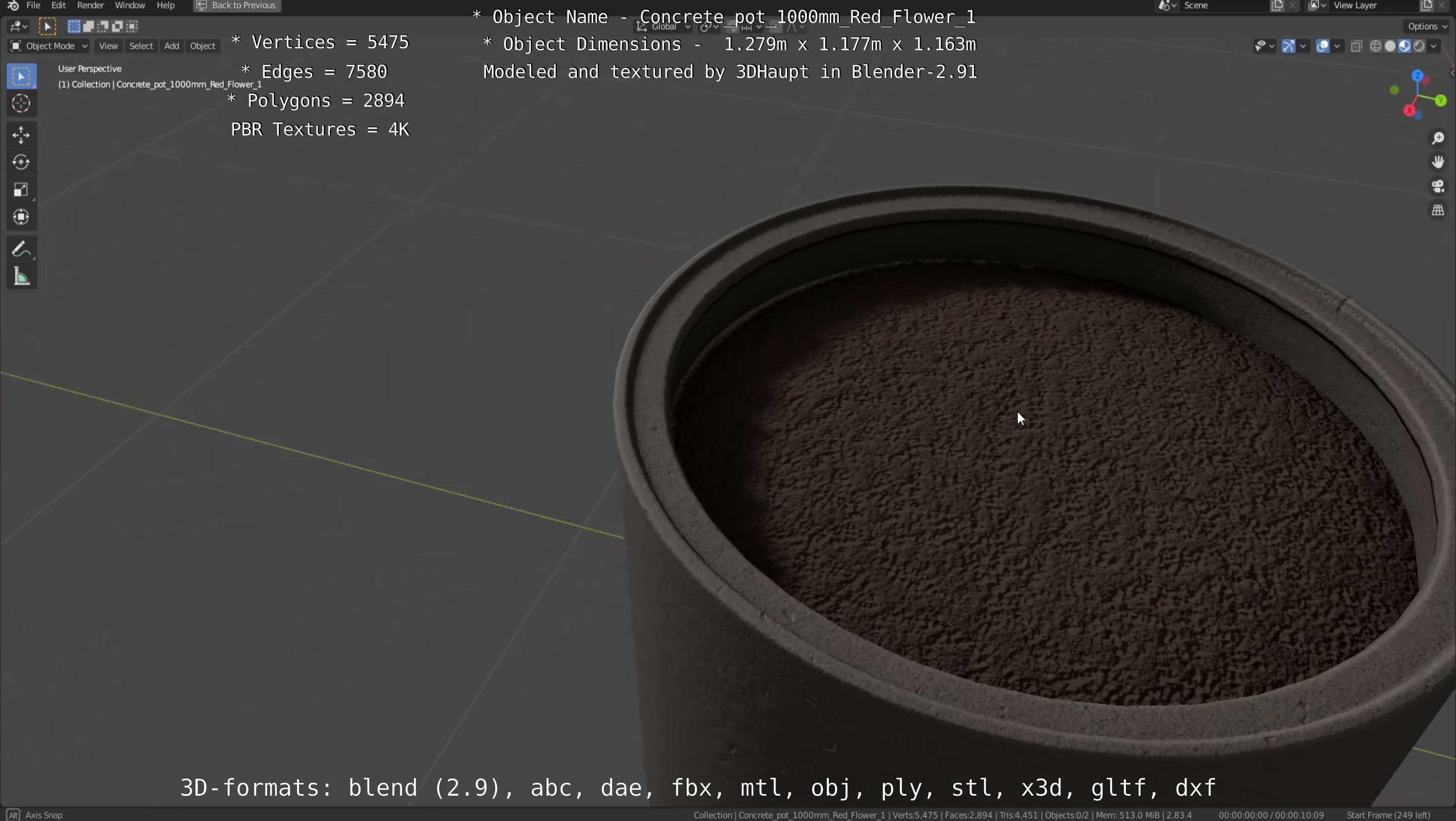 Concrete 1000mm with Red Flowers Version 1 Low-poly 3D model_118
