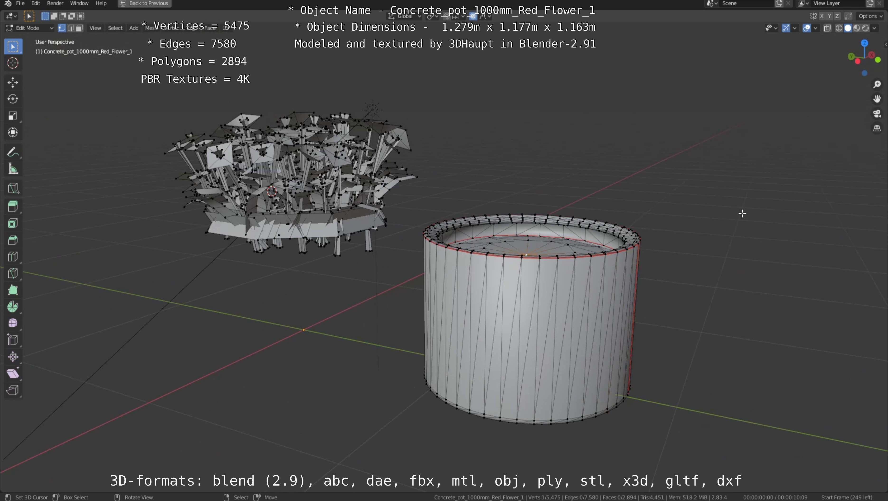 Concrete 1000mm with Red Flowers Version 1 Low-poly 3D model_31