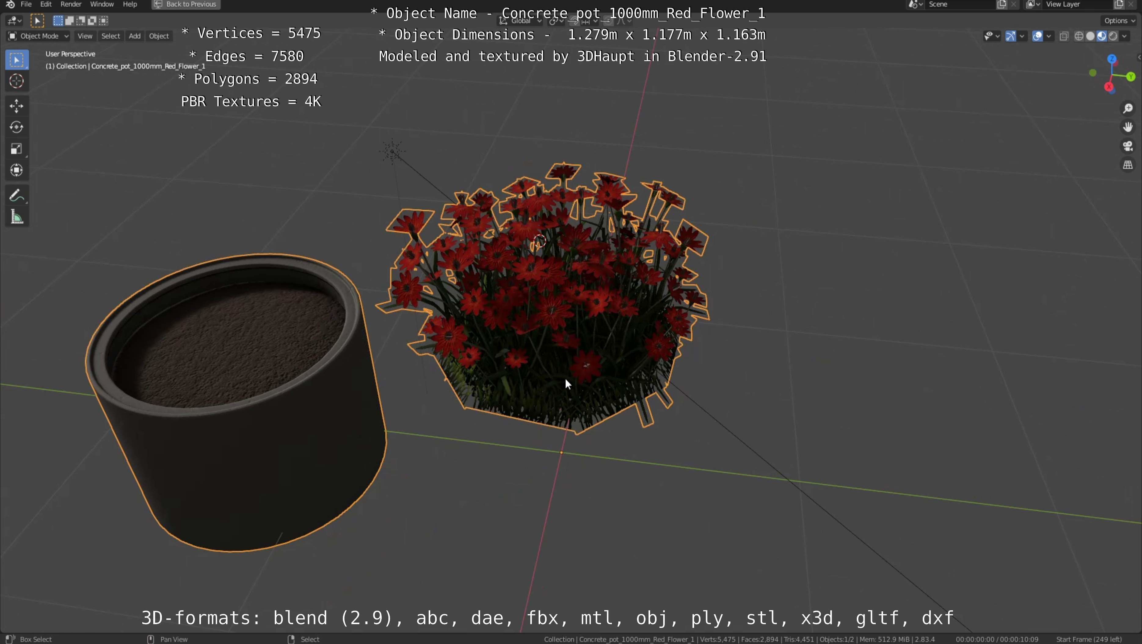 Concrete 1000mm with Red Flowers Version 1 Low-poly 3D model_18