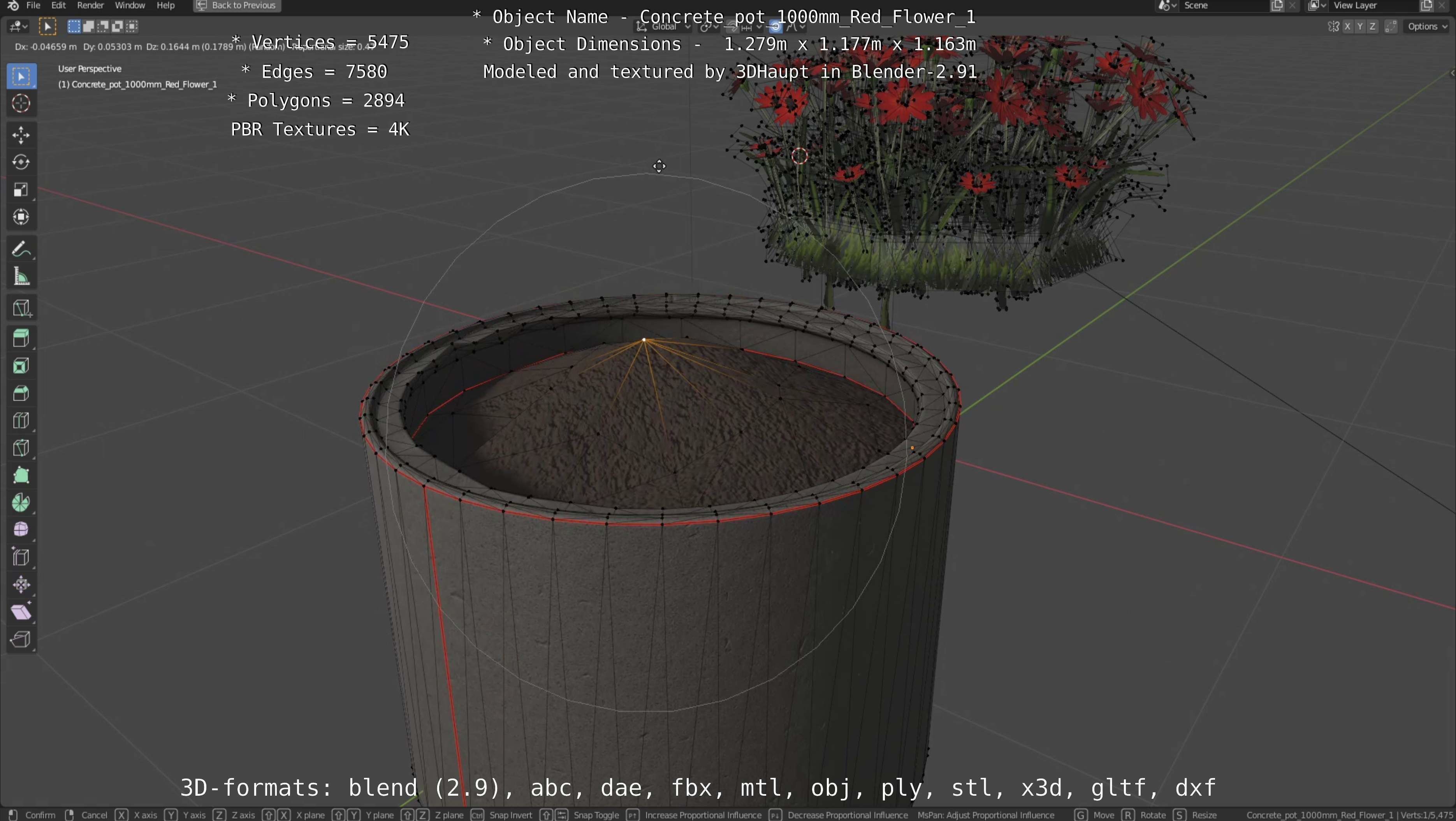 Concrete 1000mm with Red Flowers Version 1 Low-poly 3D model_57