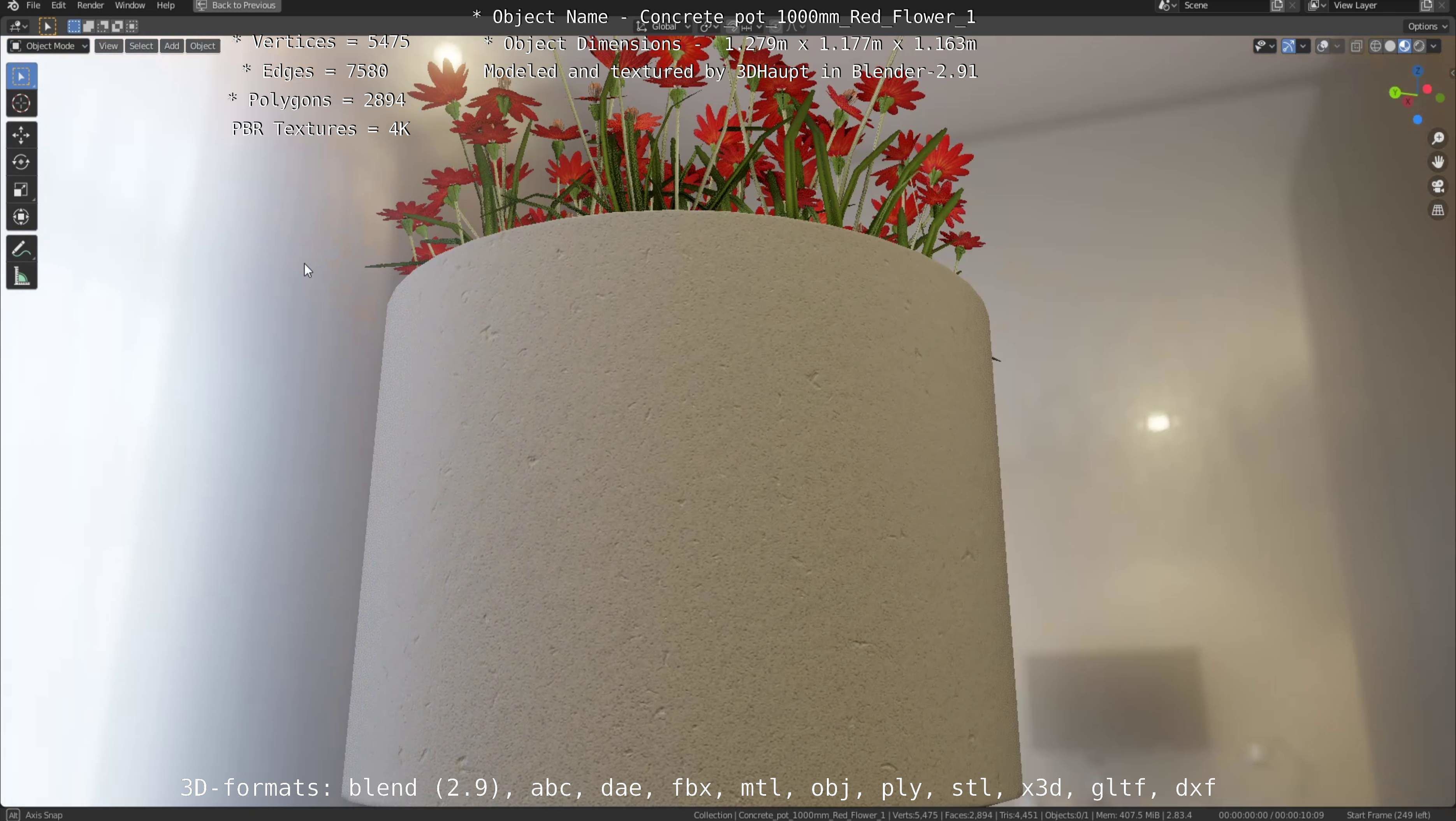 Concrete 1000mm with Red Flowers Version 1 Low-poly 3D model_82