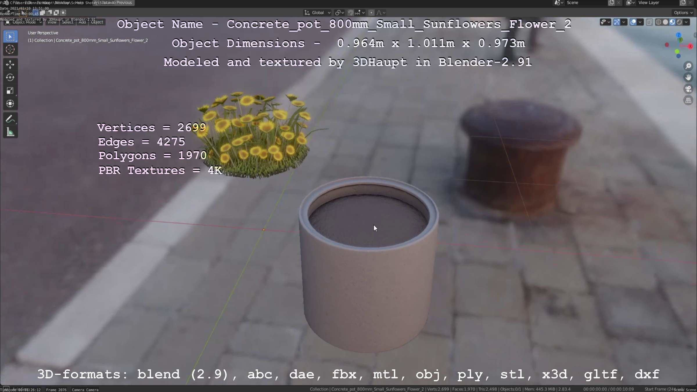 Concrete Pipe Pot 800mm with Small Sunflowers Version 2 Low-poly 3D model_53
