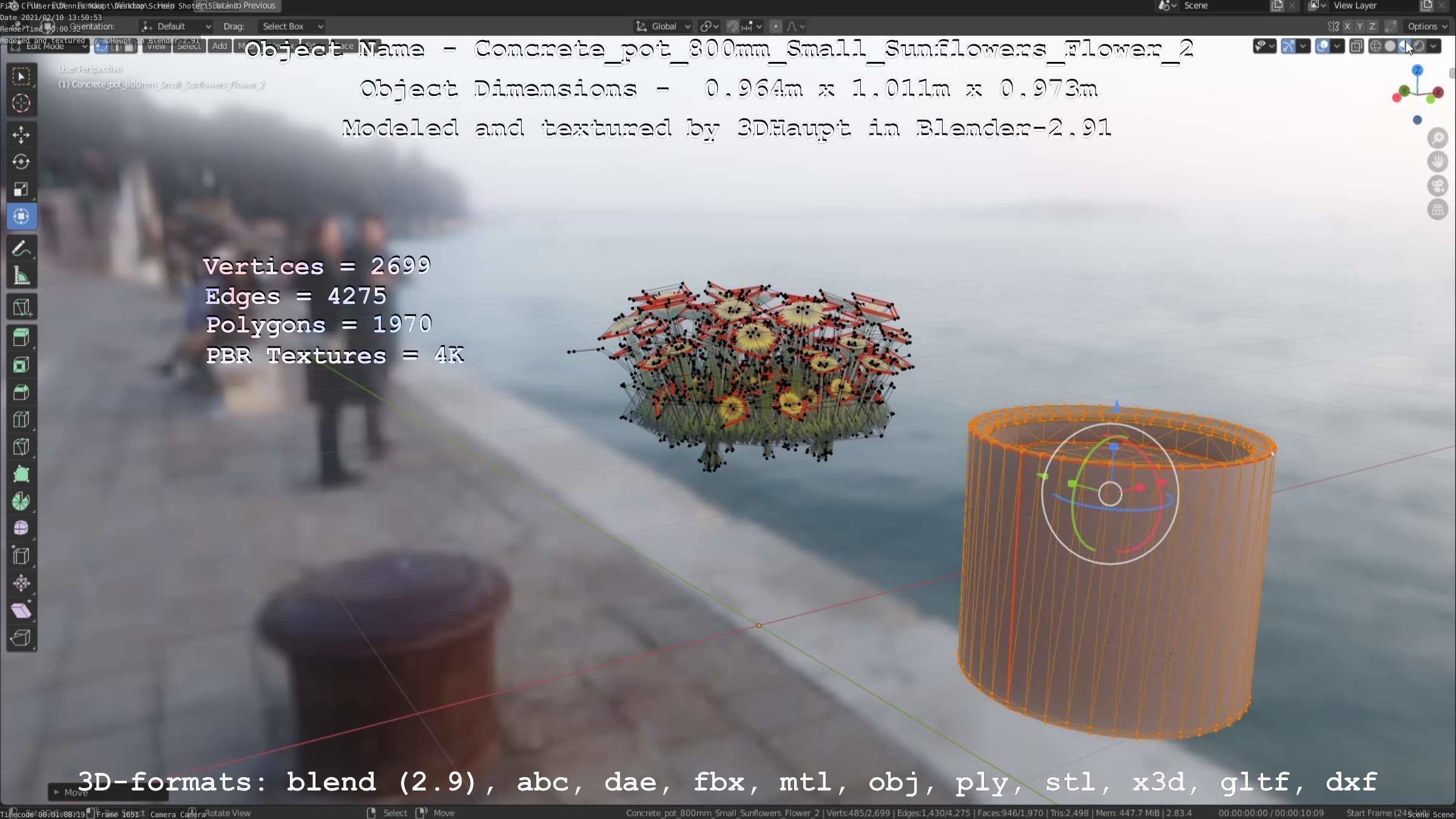 Concrete Pipe Pot 800mm with Small Sunflowers Version 2 Low-poly 3D model_67