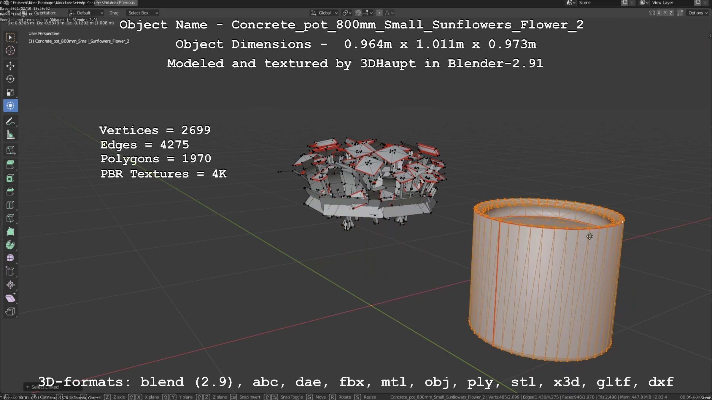 Concrete Pipe Pot 800mm with Small Sunflowers Version 2 Low-poly 3D model_40