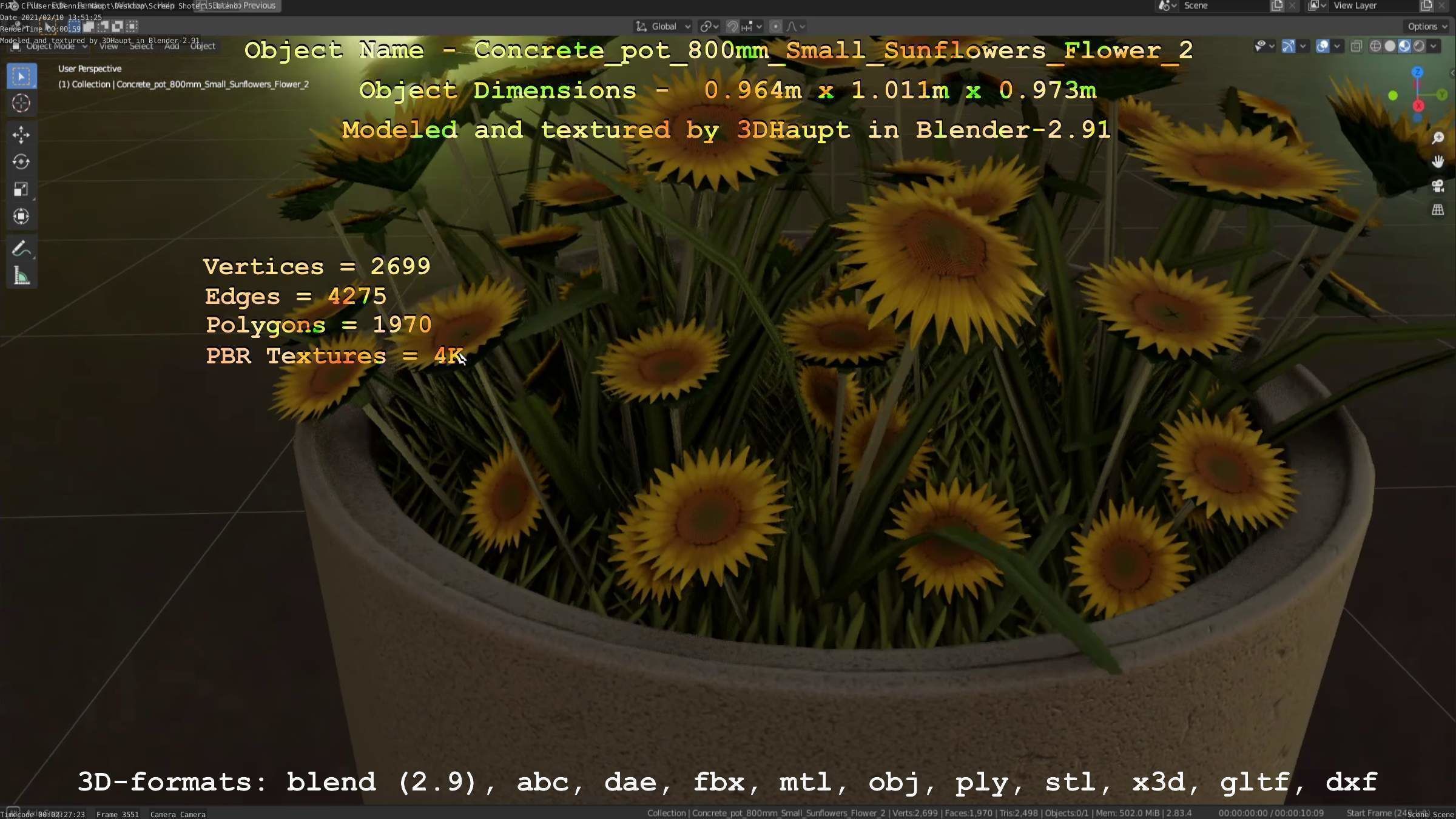 Concrete Pipe Pot 800mm with Small Sunflowers Version 2 Low-poly 3D model_92