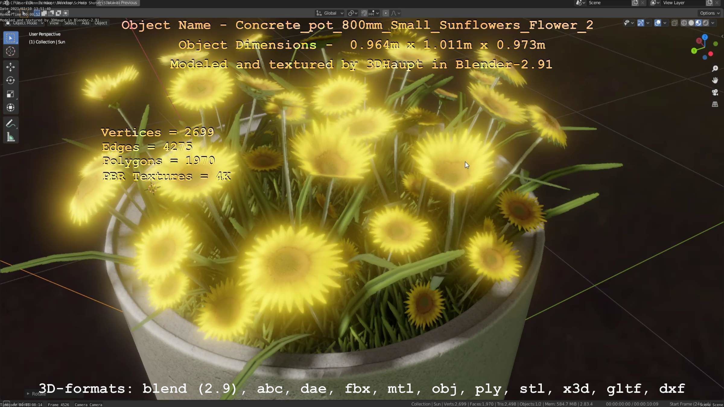 Concrete Pipe Pot 800mm with Small Sunflowers Version 2 Low-poly 3D model_110