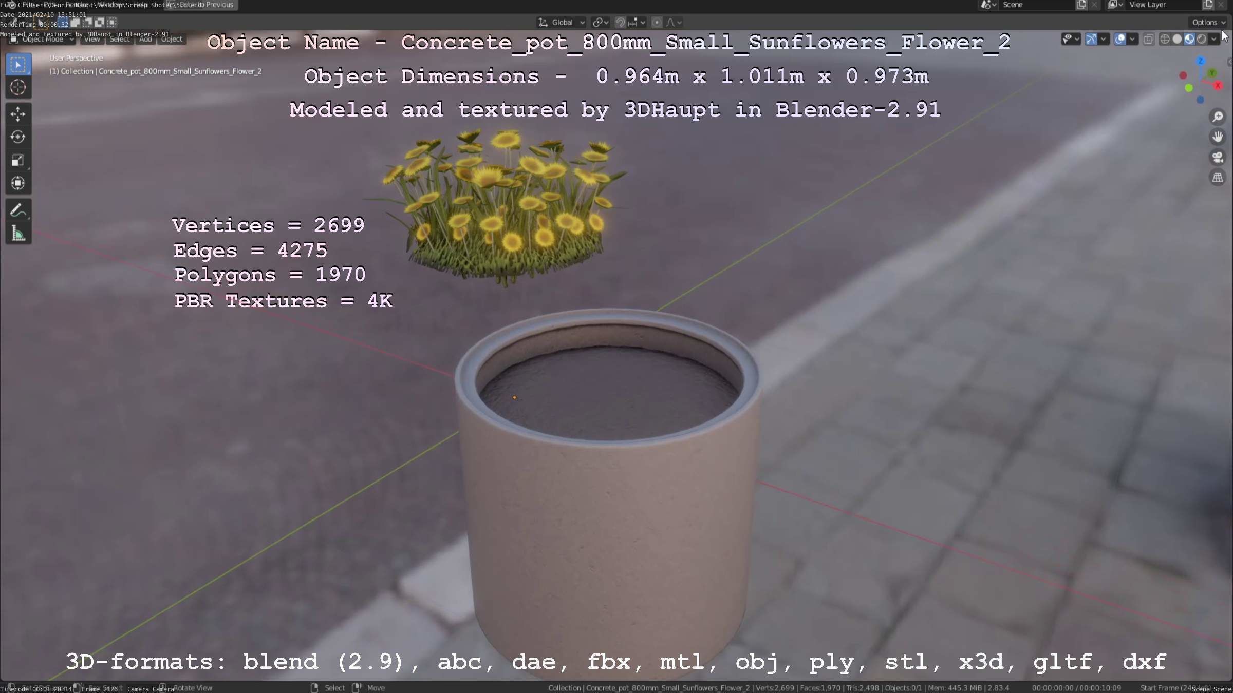 Concrete Pipe Pot 800mm with Small Sunflowers Version 2 Low-poly 3D model_60