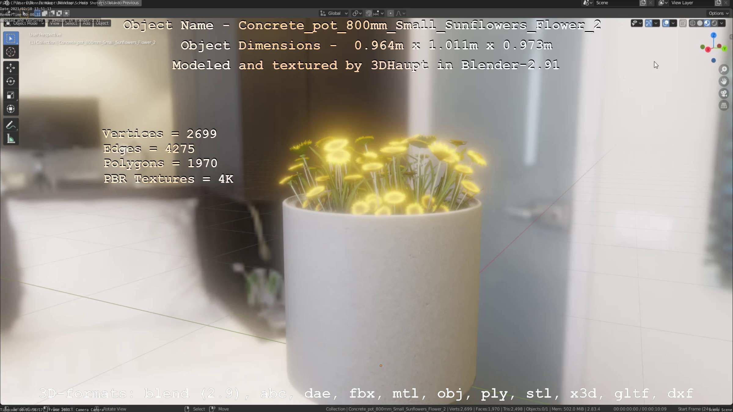 Concrete Pipe Pot 800mm with Small Sunflowers Version 2 Low-poly 3D model_66