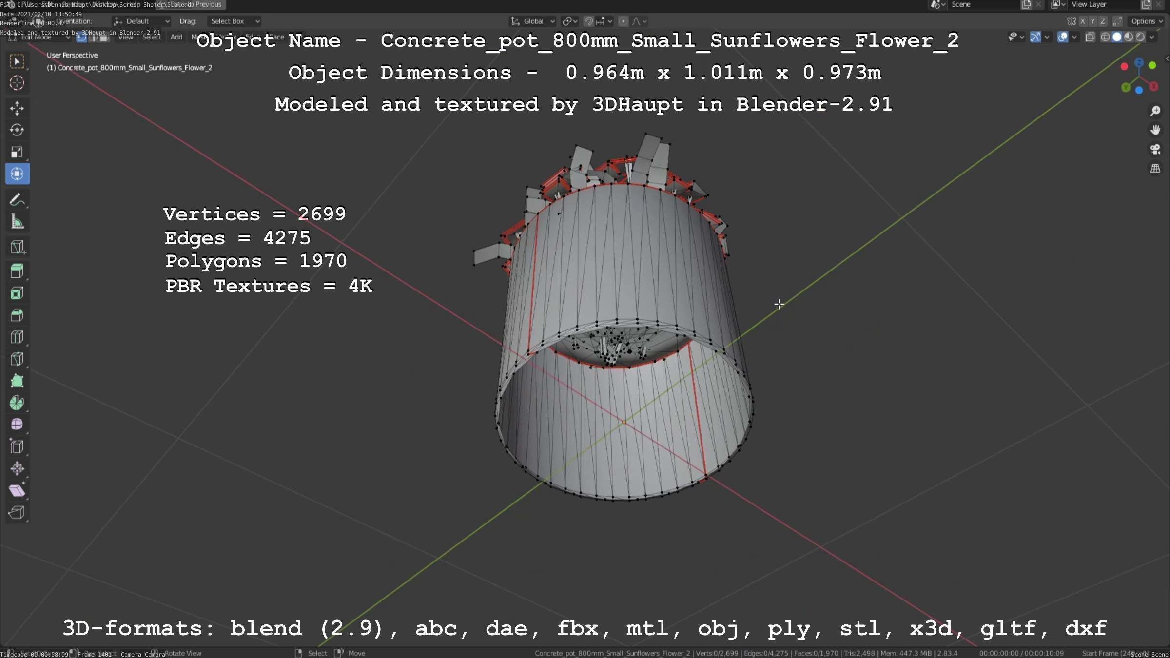 Concrete Pipe Pot 800mm with Small Sunflowers Version 2 Low-poly 3D model_51