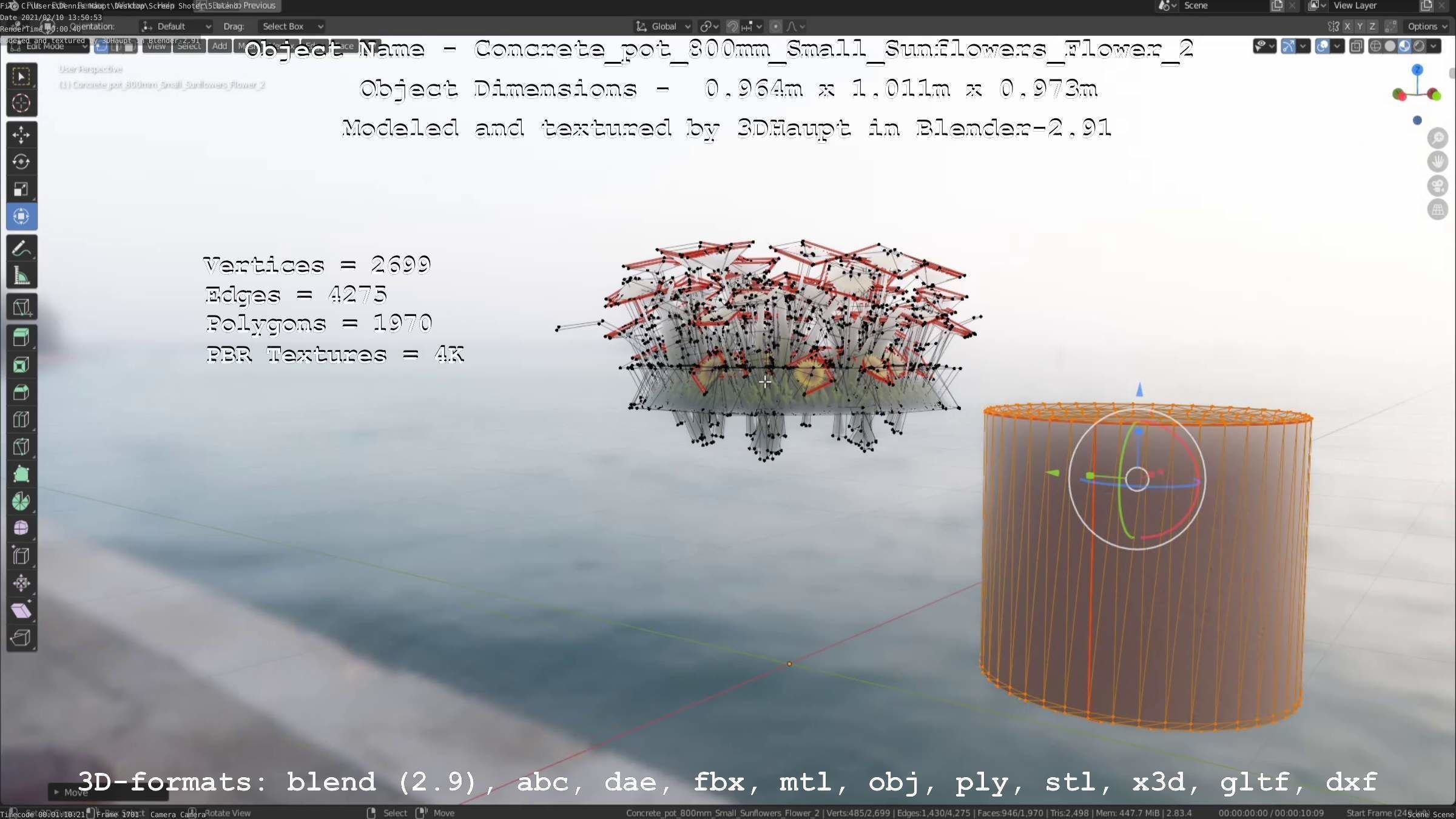 Concrete Pipe Pot 800mm with Small Sunflowers Version 2 Low-poly 3D model_43