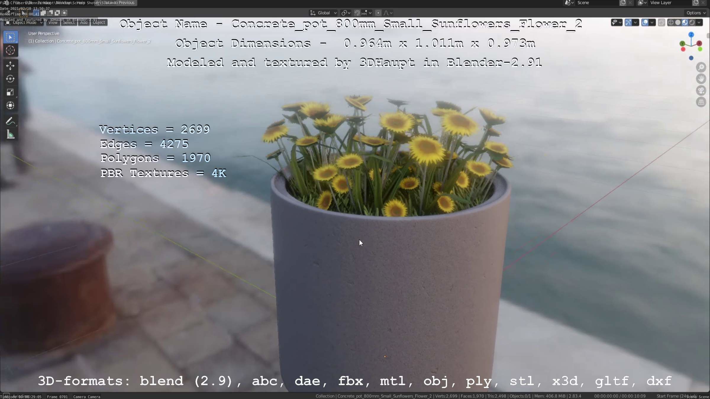 Concrete Pipe Pot 800mm with Small Sunflowers Version 2 Low-poly 3D model_22