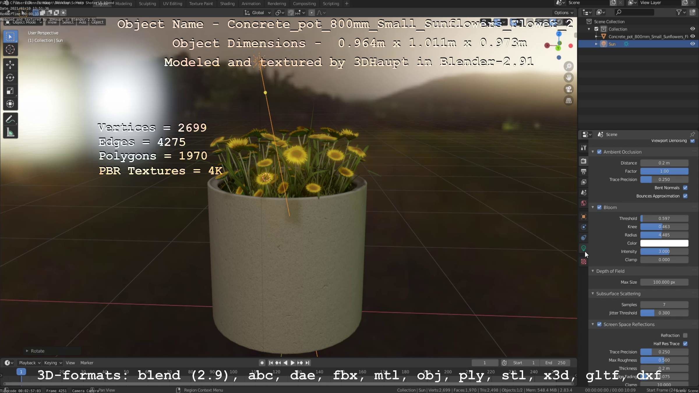 Concrete Pipe Pot 800mm with Small Sunflowers Version 2 Low-poly 3D model_97