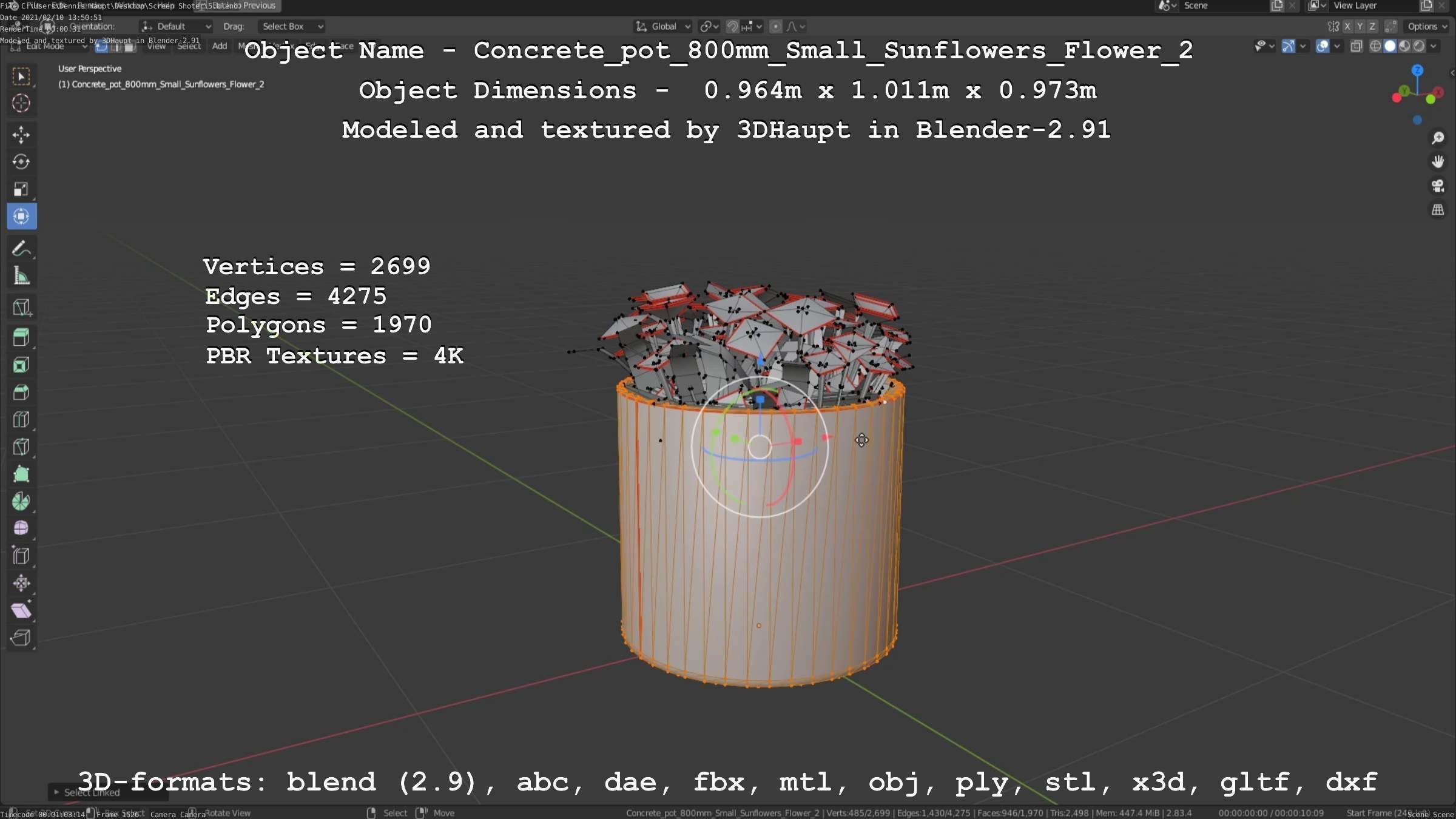 Concrete Pipe Pot 800mm with Small Sunflowers Version 2 Low-poly 3D model_47
