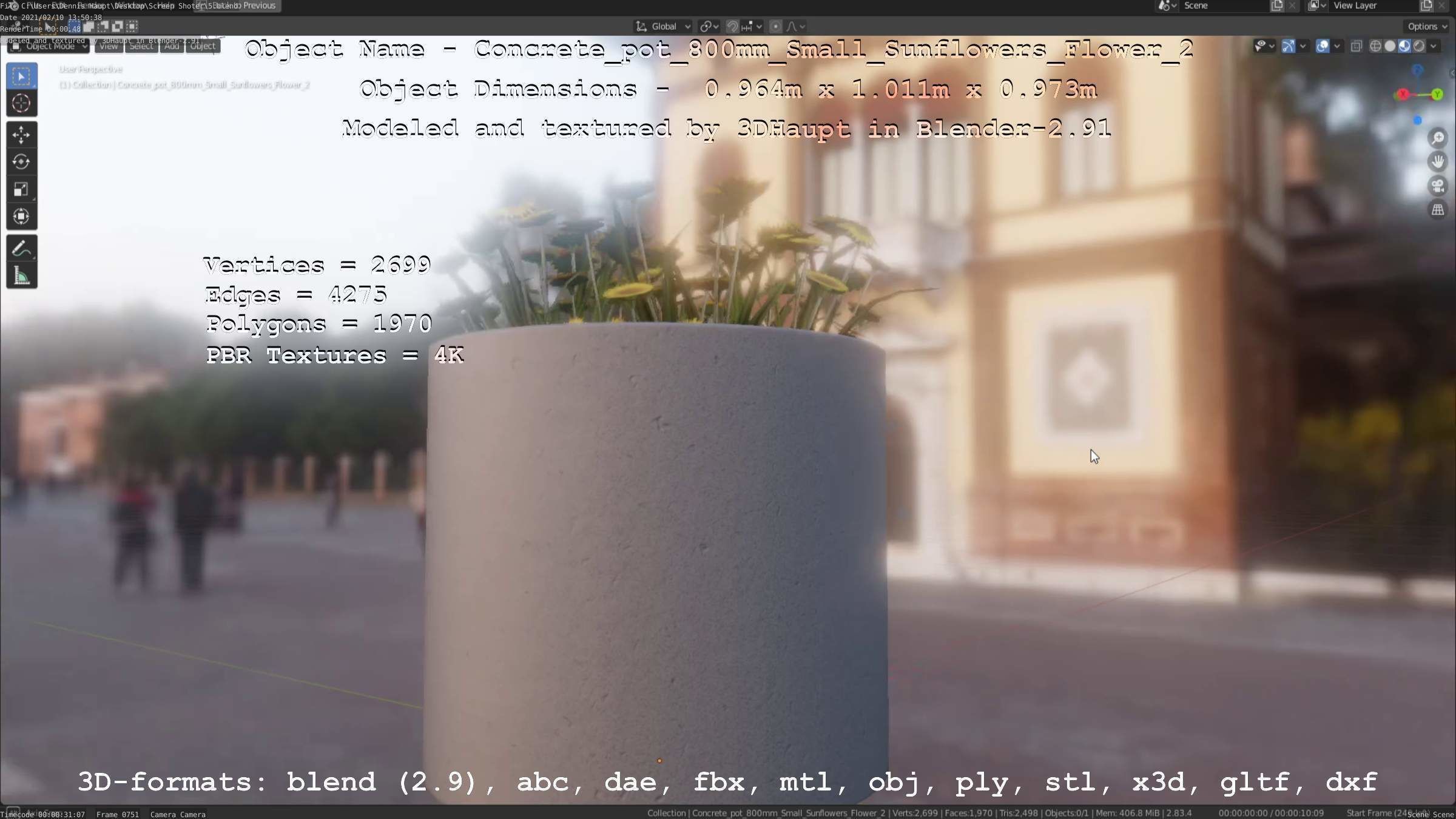 Concrete Pipe Pot 800mm with Small Sunflowers Version 2 Low-poly 3D model_100