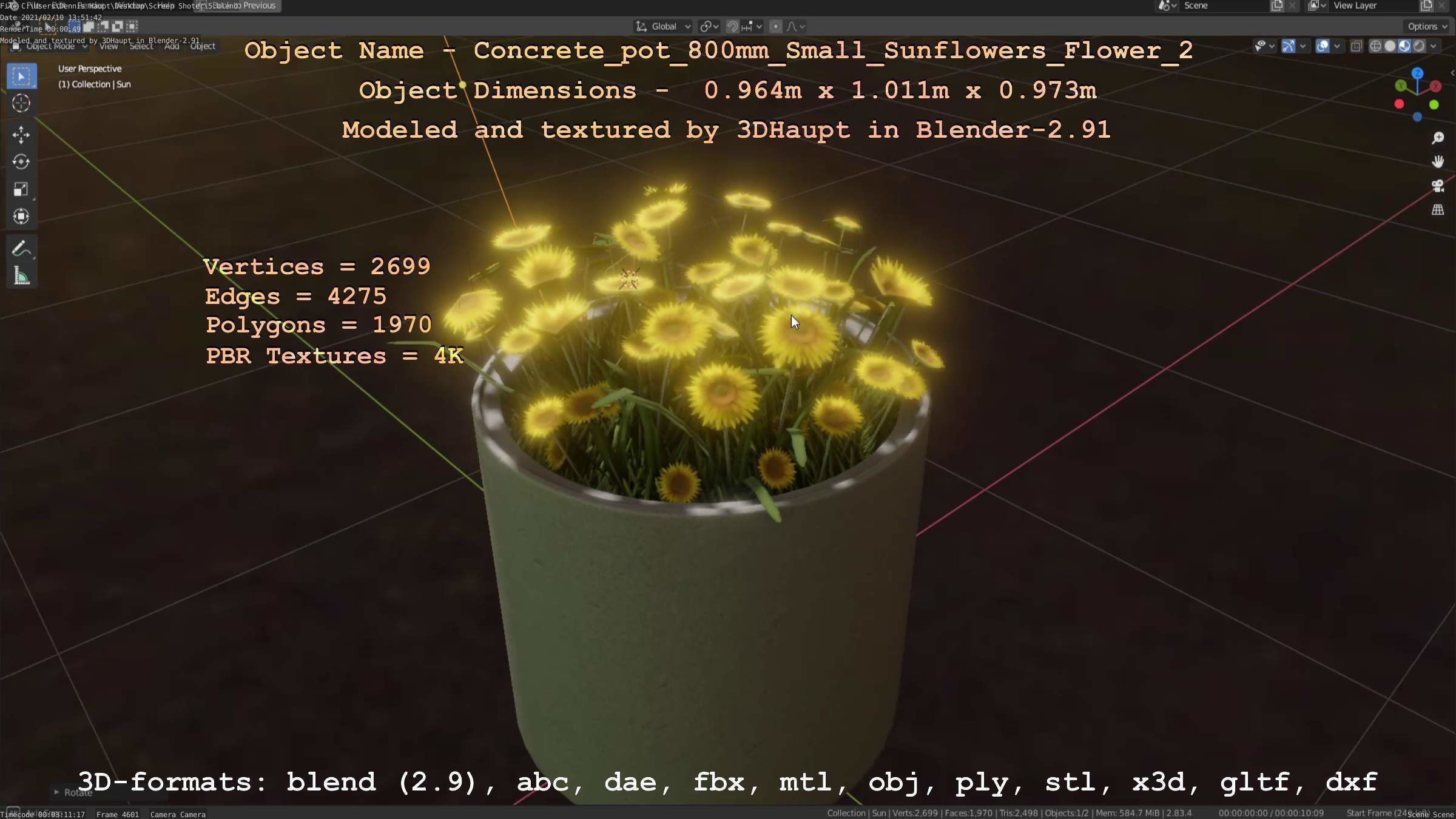 Concrete Pipe Pot 800mm with Small Sunflowers Version 2 Low-poly 3D model_83