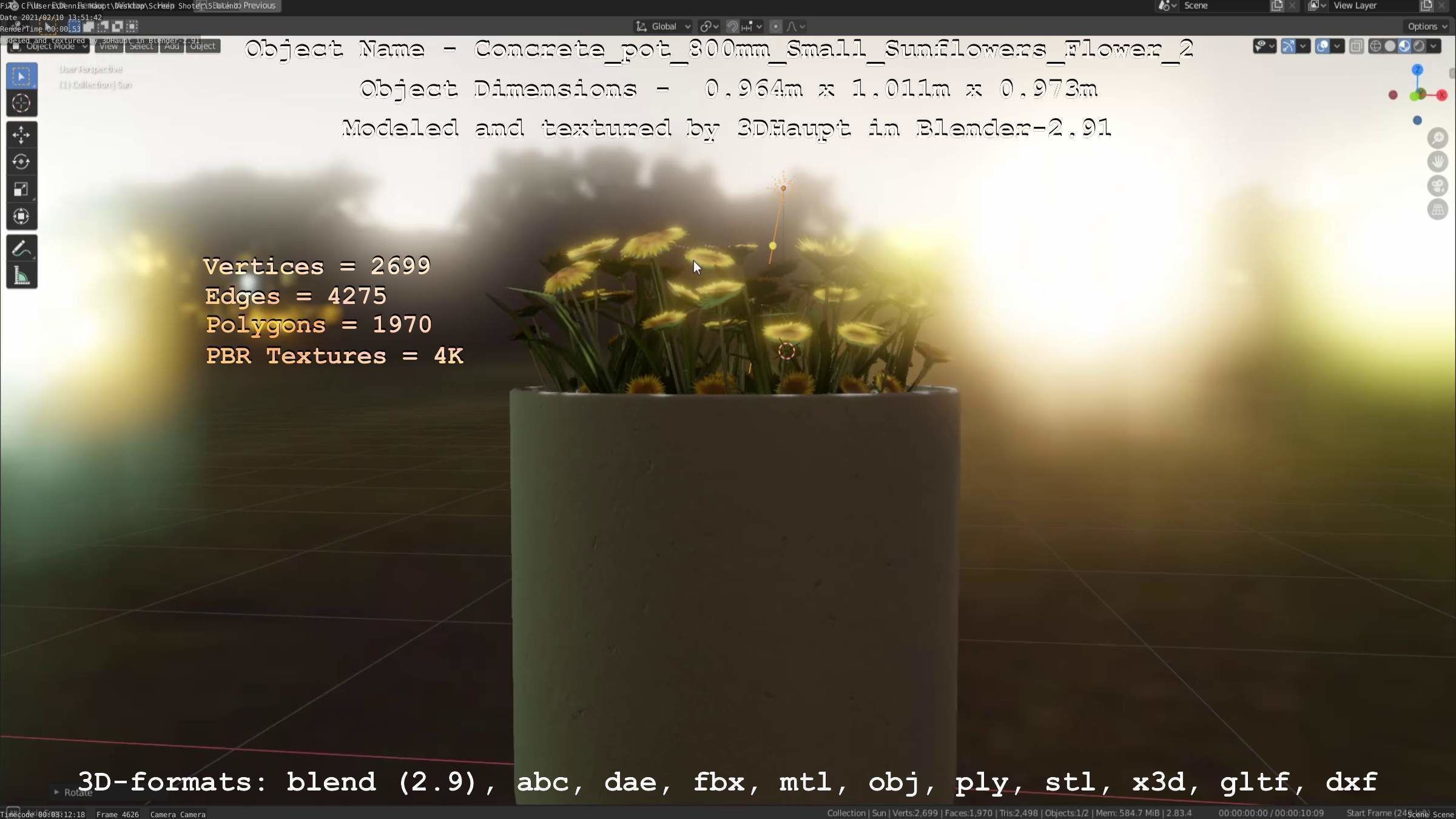 Concrete Pipe Pot 800mm with Small Sunflowers Version 2 Low-poly 3D model_112