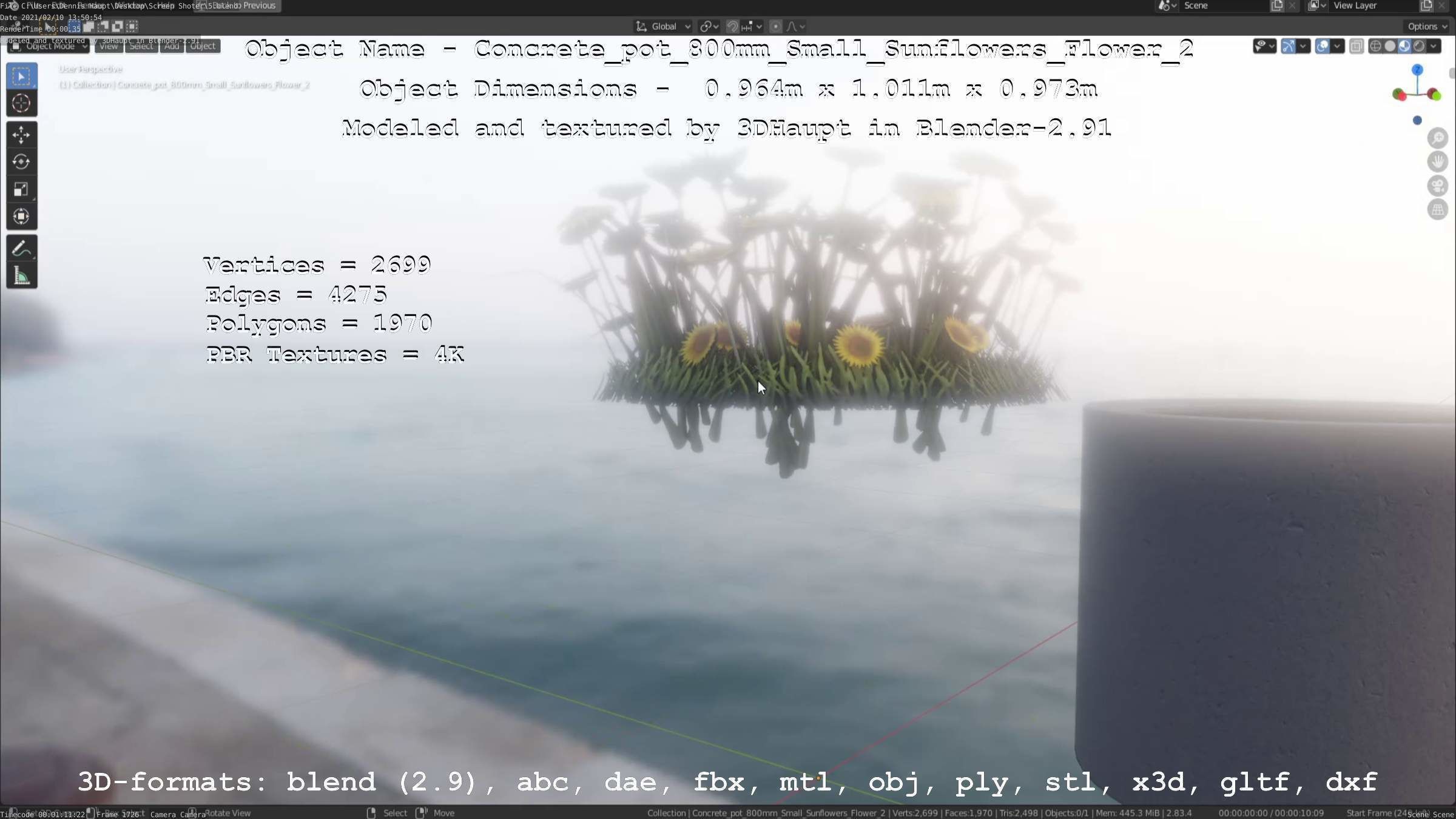 Concrete Pipe Pot 800mm with Small Sunflowers Version 2 Low-poly 3D model_28