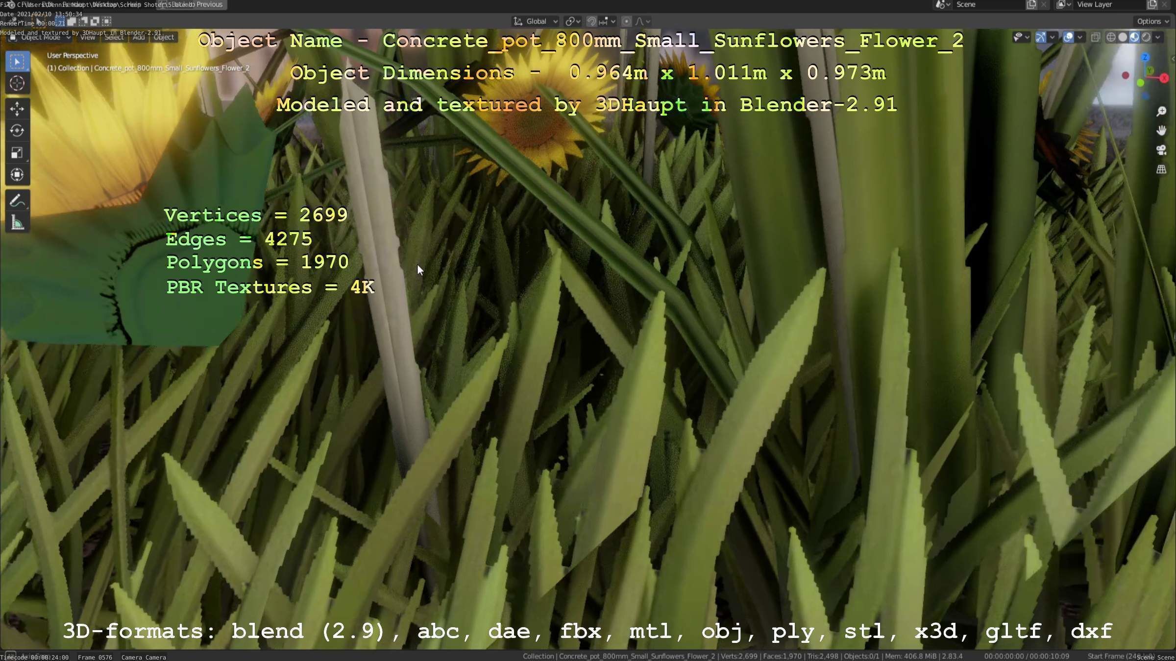 Concrete Pipe Pot 800mm with Small Sunflowers Version 2 Low-poly 3D model_20