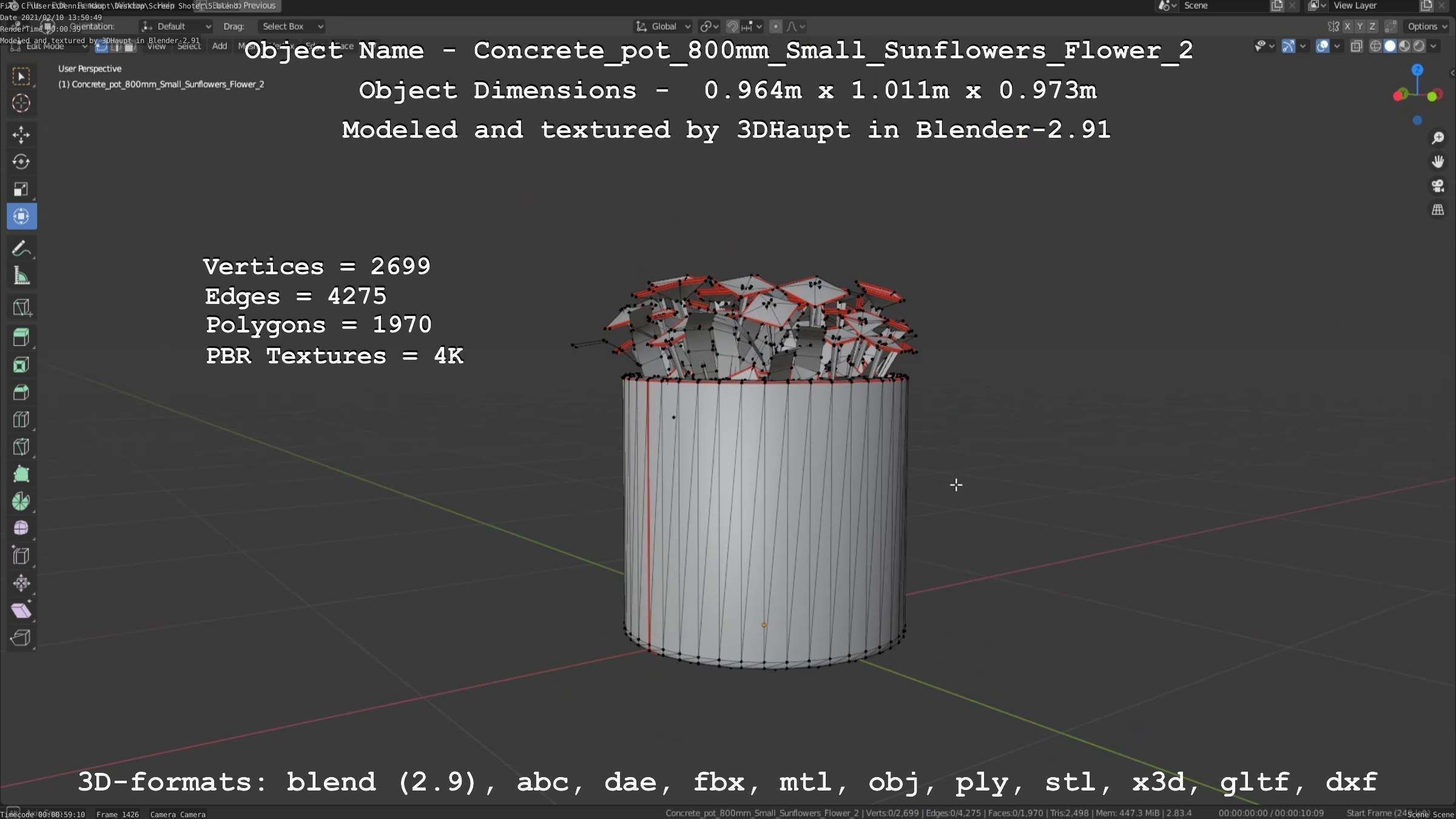 Concrete Pipe Pot 800mm with Small Sunflowers Version 2 Low-poly 3D model_39