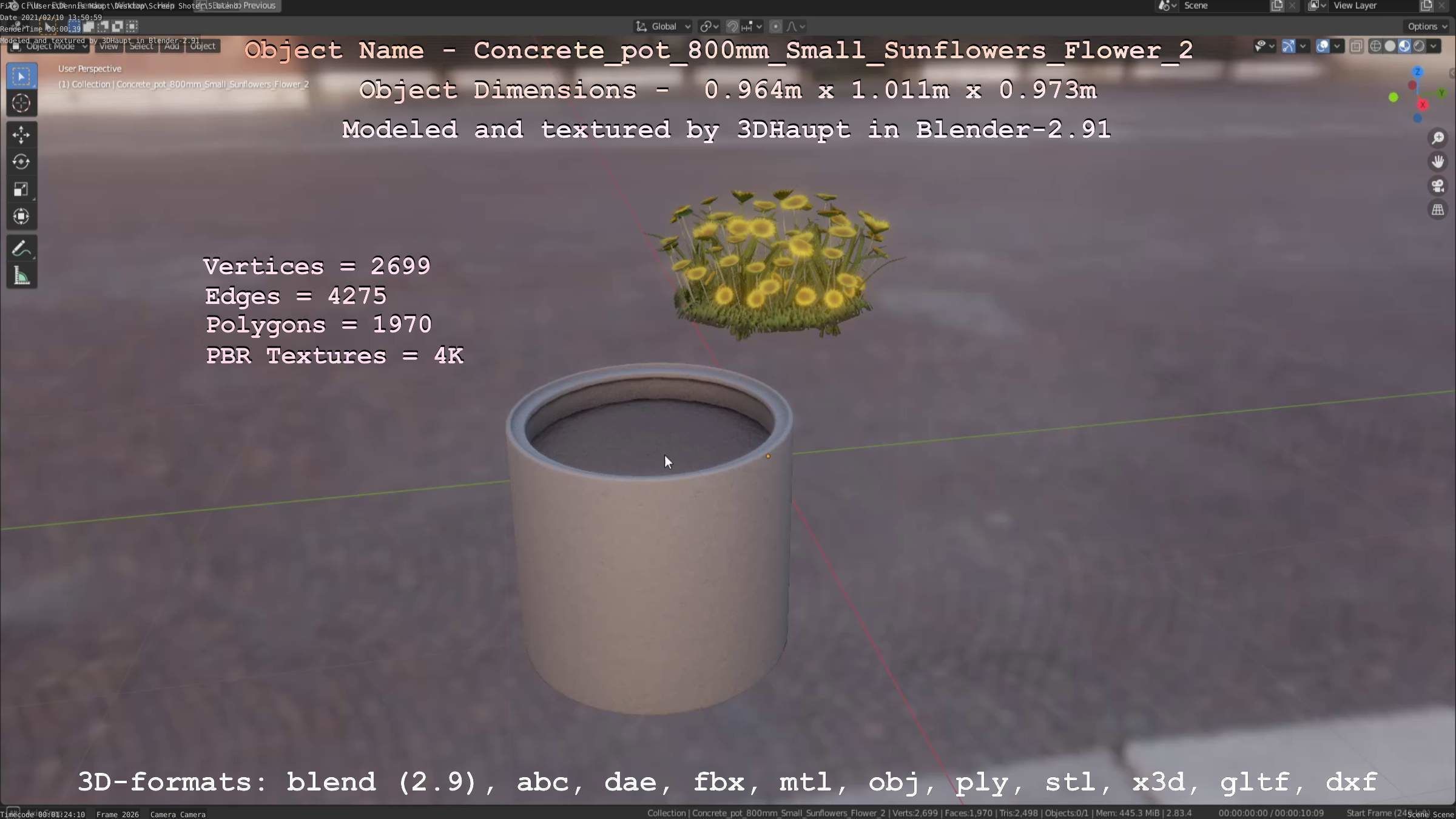Concrete Pipe Pot 800mm with Small Sunflowers Version 2 Low-poly 3D model_30
