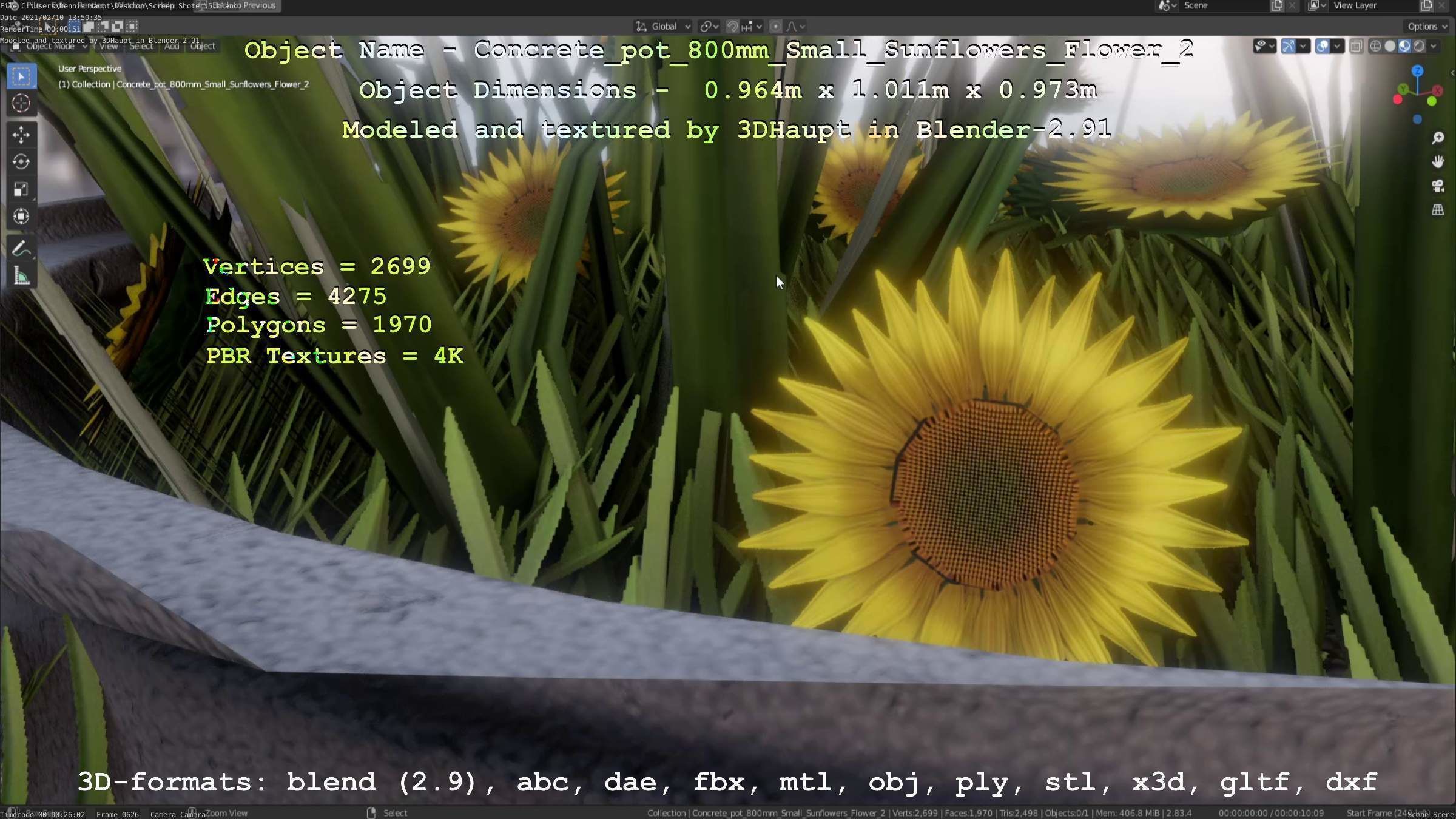 Concrete Pipe Pot 800mm with Small Sunflowers Version 2 Low-poly 3D model_62