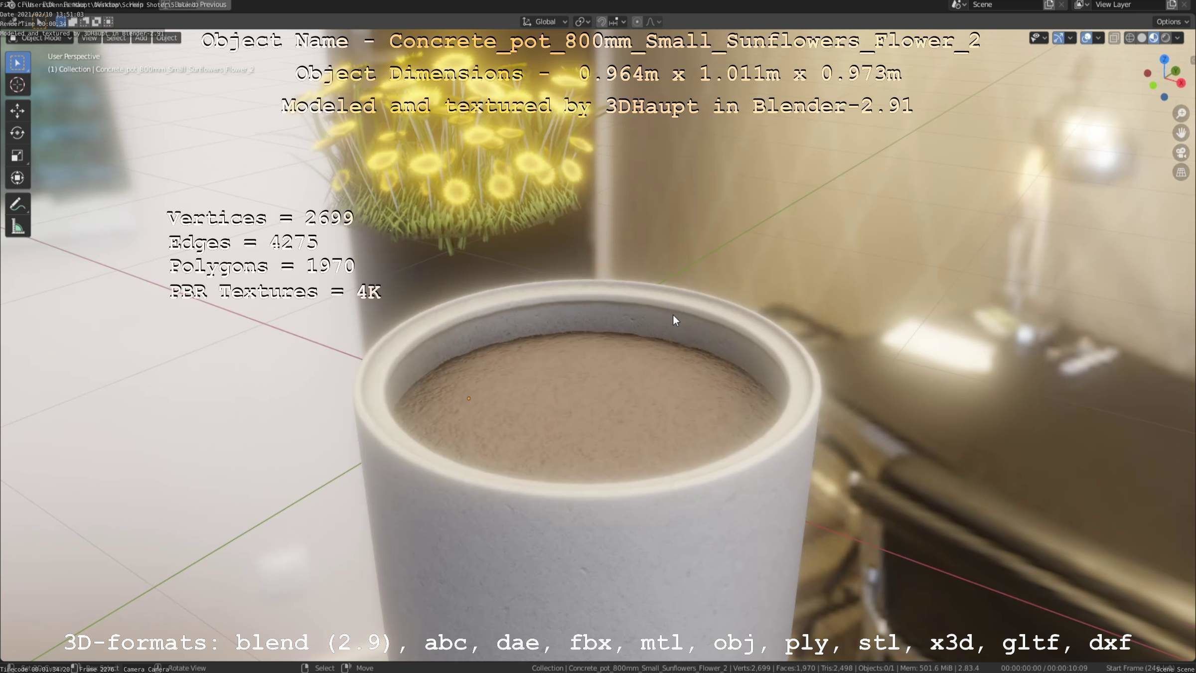 Concrete Pipe Pot 800mm with Small Sunflowers Version 2 Low-poly 3D model_56