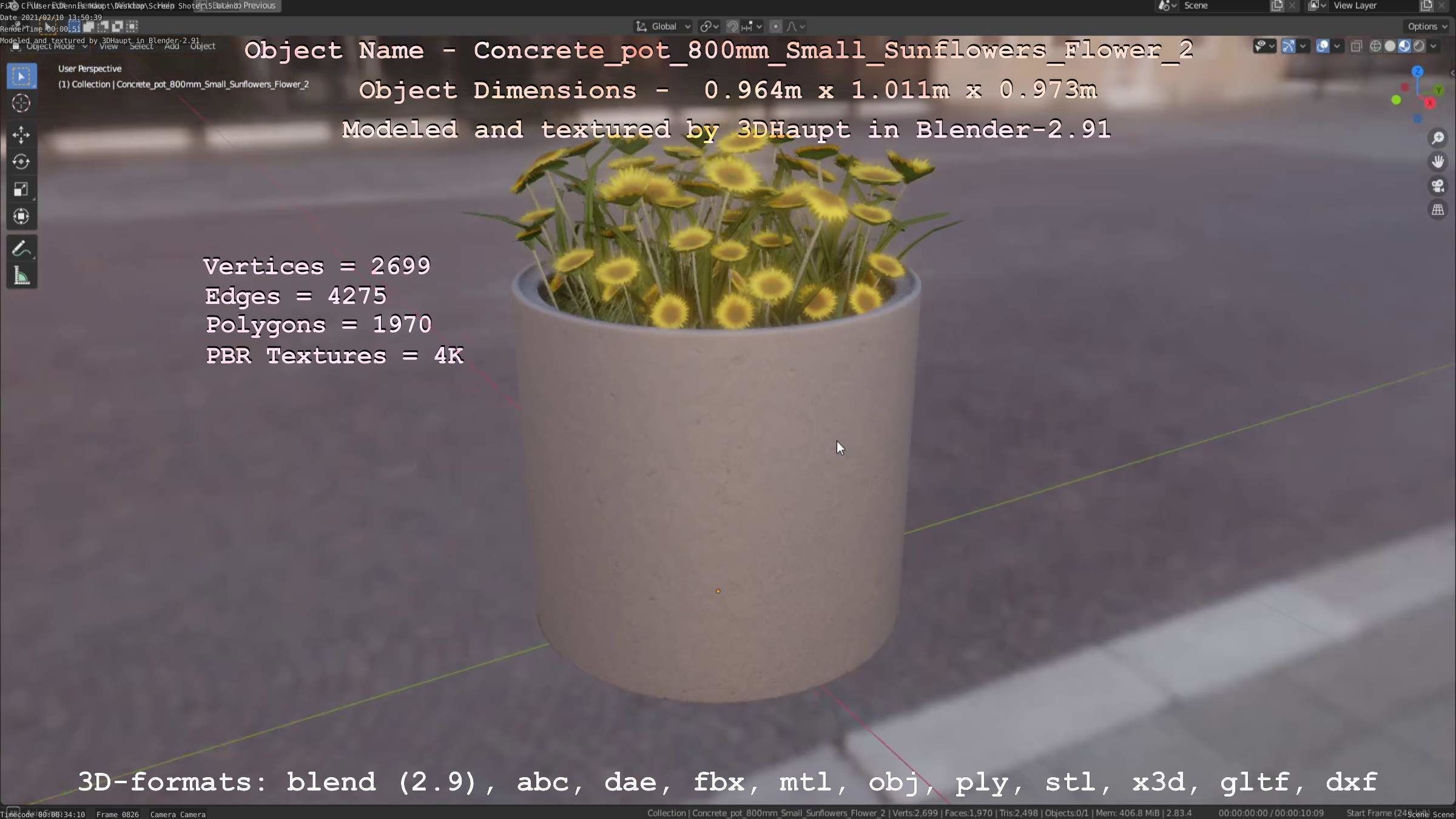Concrete Pipe Pot 800mm with Small Sunflowers Version 2 Low-poly 3D model_104