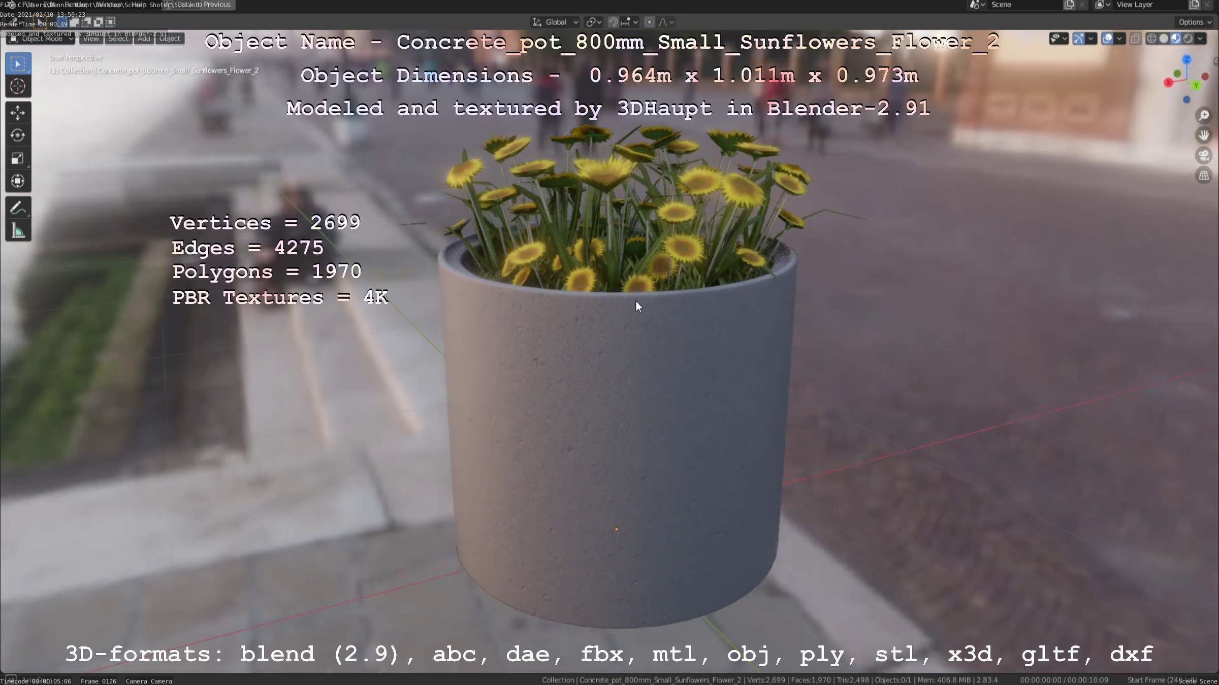 Concrete Pipe Pot 800mm with Small Sunflowers Version 2 Low-poly 3D model_106