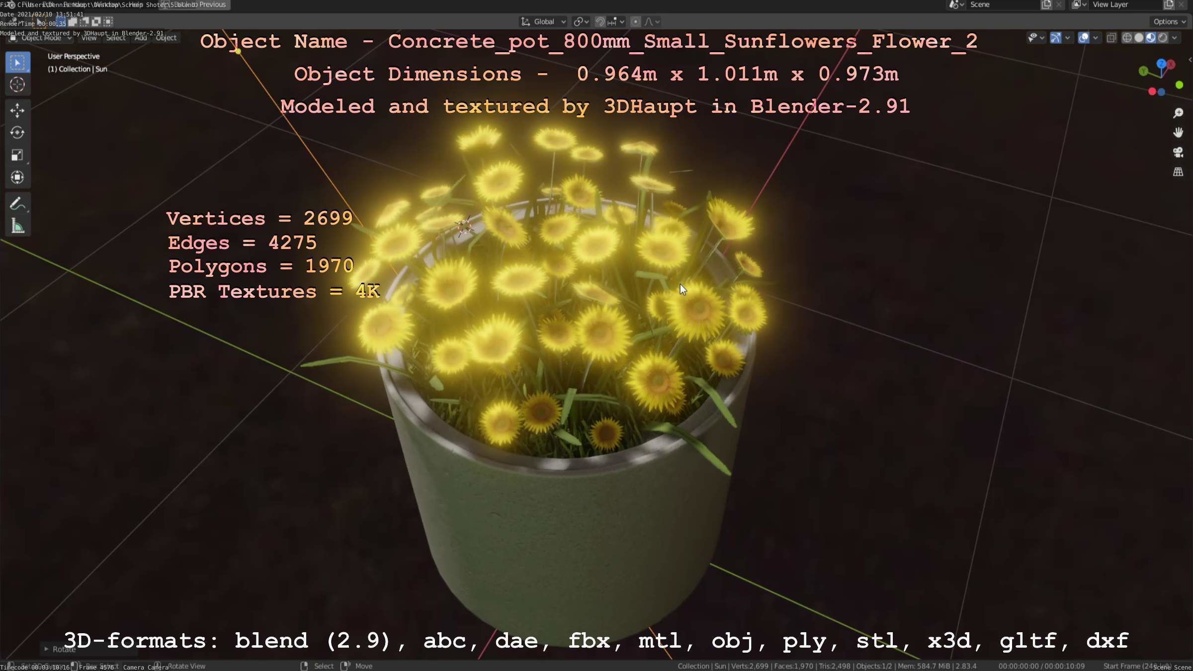 Concrete Pipe Pot 800mm with Small Sunflowers Version 2 Low-poly 3D model_111