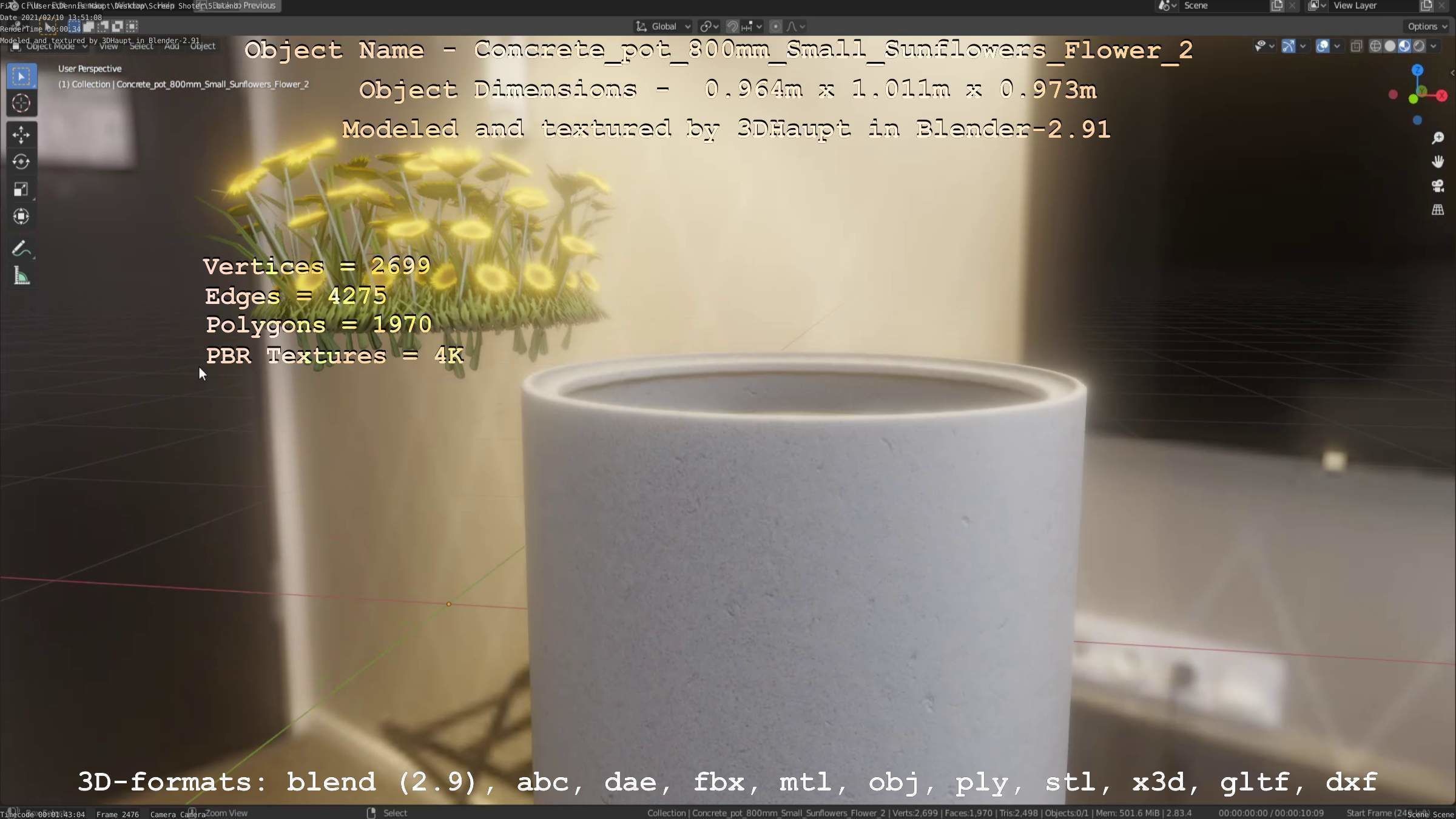 Concrete Pipe Pot 800mm with Small Sunflowers Version 2 Low-poly 3D model_74