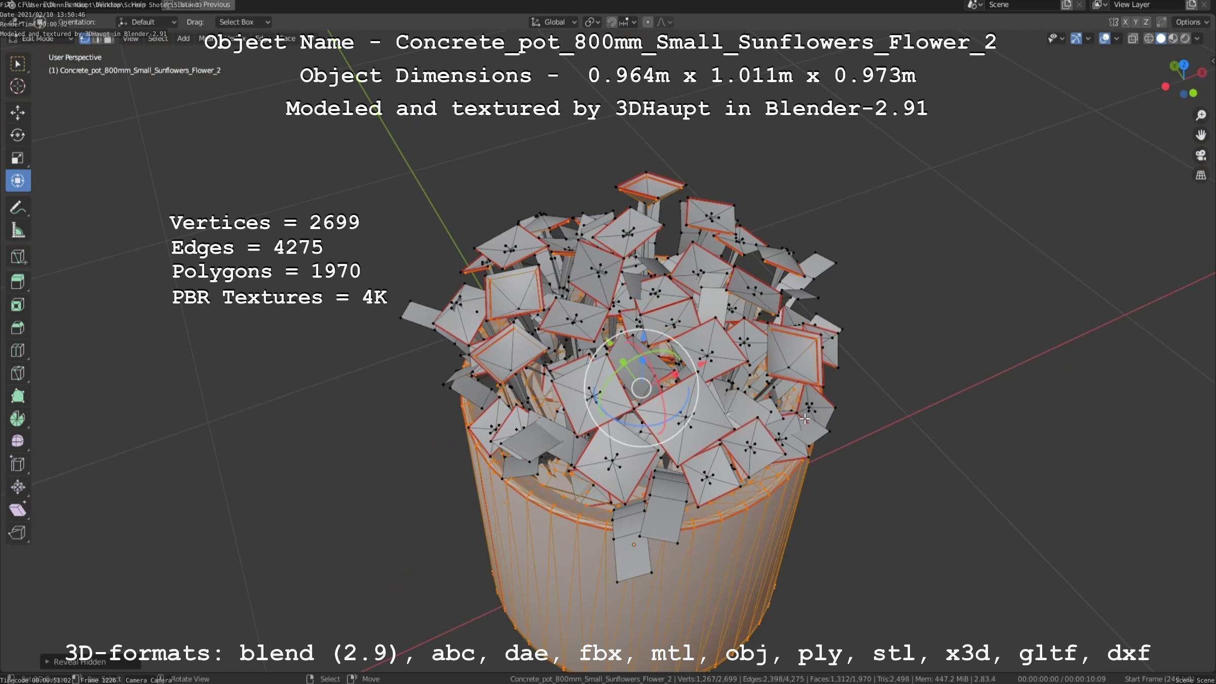 Concrete Pipe Pot 800mm with Small Sunflowers Version 2 Low-poly 3D model_14