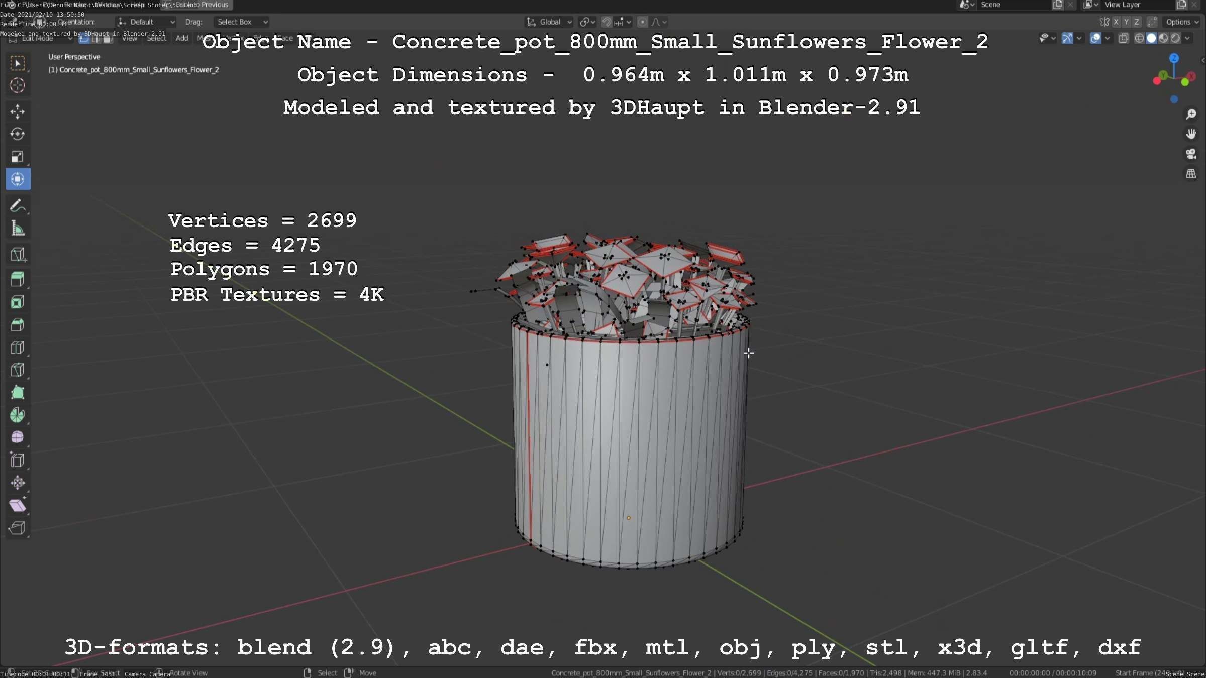 Concrete Pipe Pot 800mm with Small Sunflowers Version 2 Low-poly 3D model_34