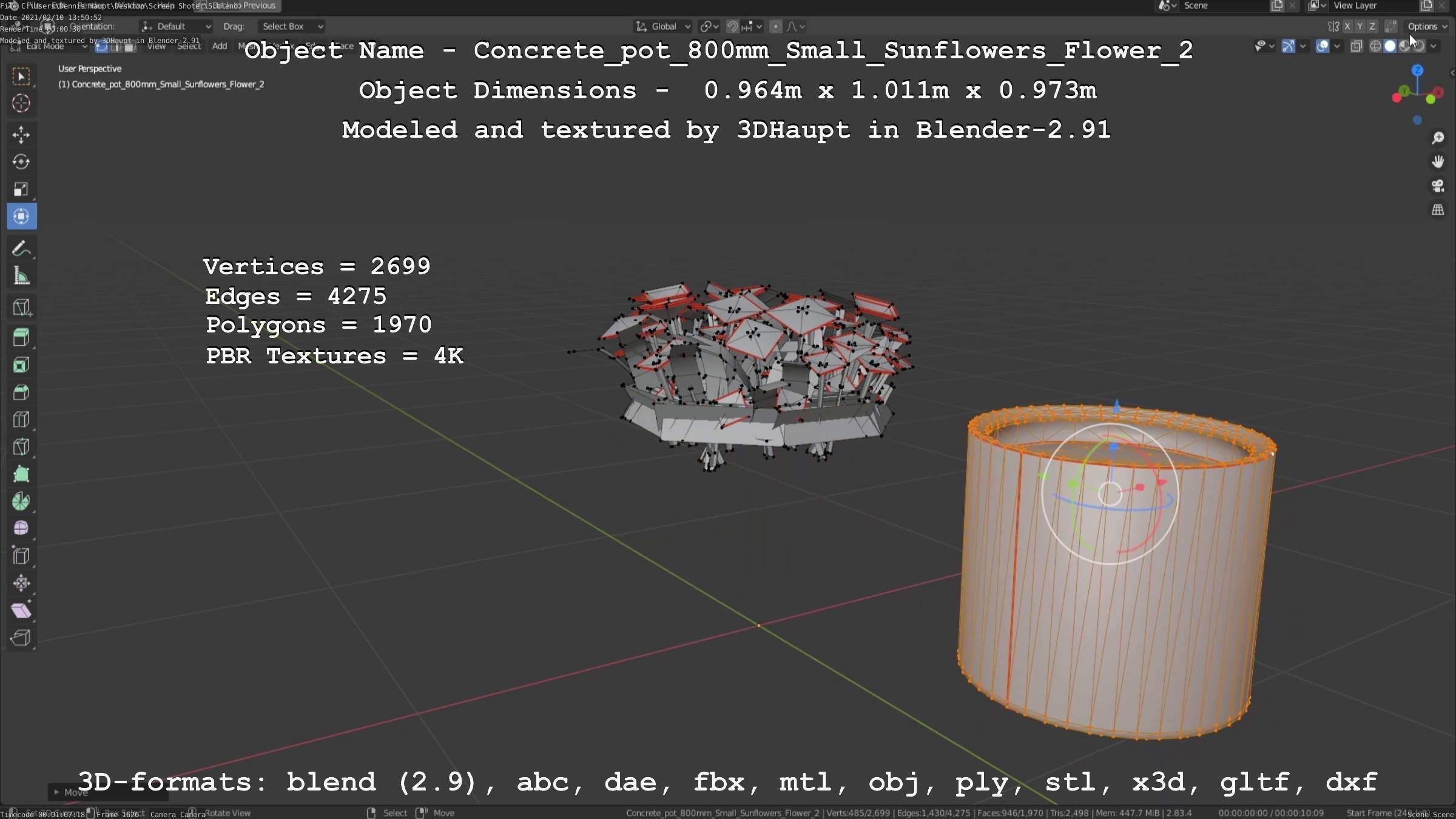 Concrete Pipe Pot 800mm with Small Sunflowers Version 2 Low-poly 3D model_50