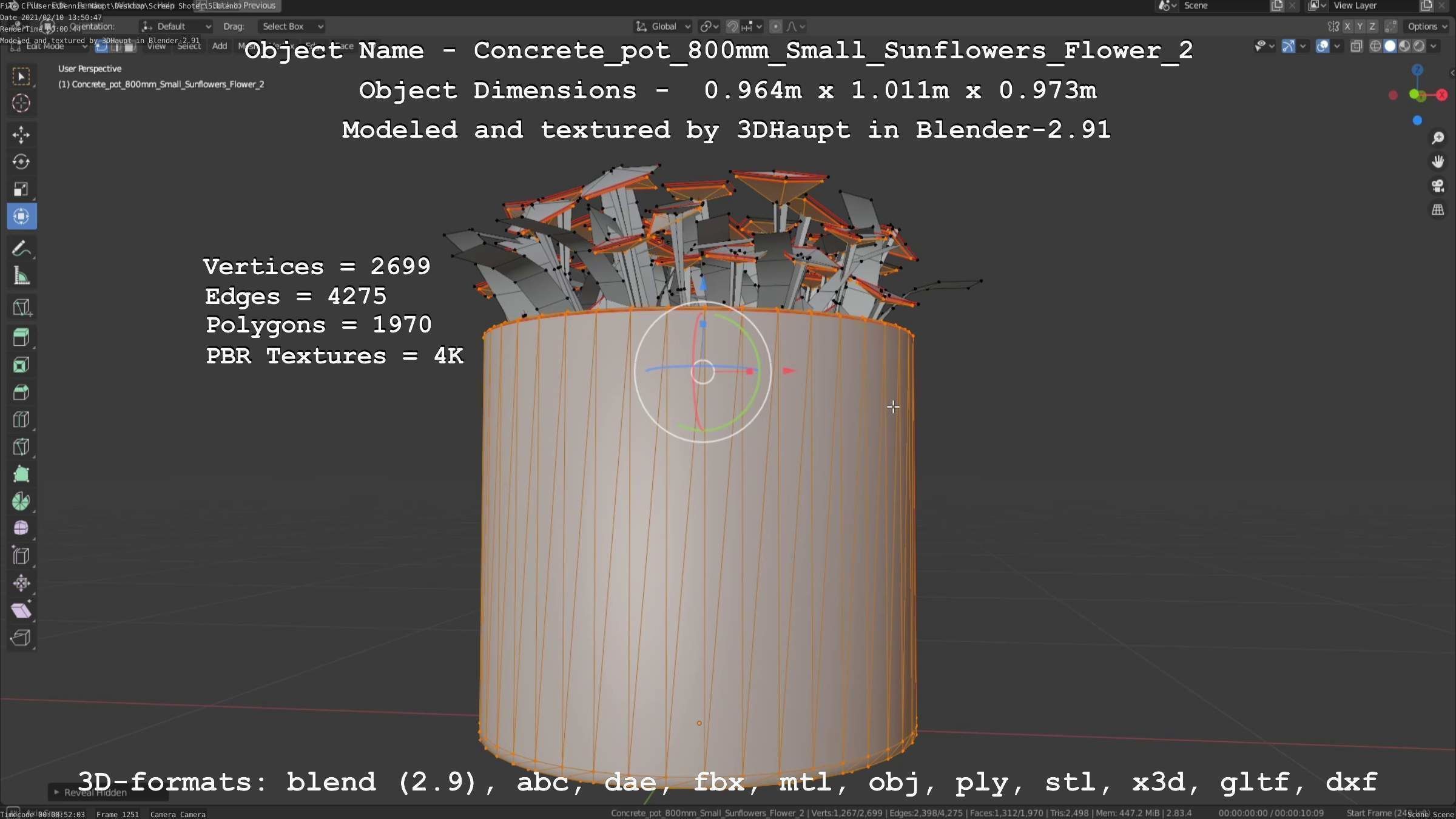Concrete Pipe Pot 800mm with Small Sunflowers Version 2 Low-poly 3D model_24