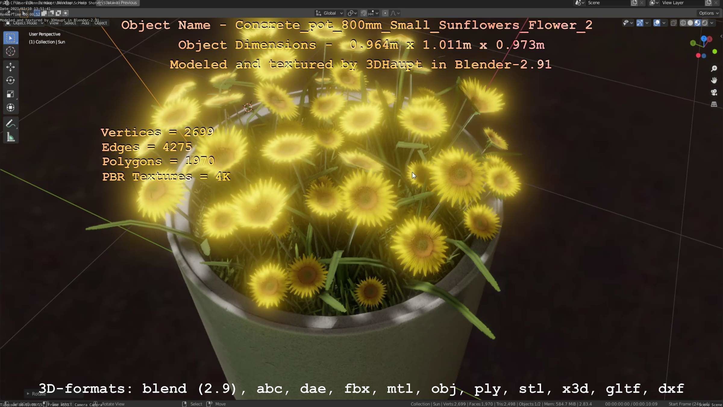 Concrete Pipe Pot 800mm with Small Sunflowers Version 2 Low-poly 3D model_9