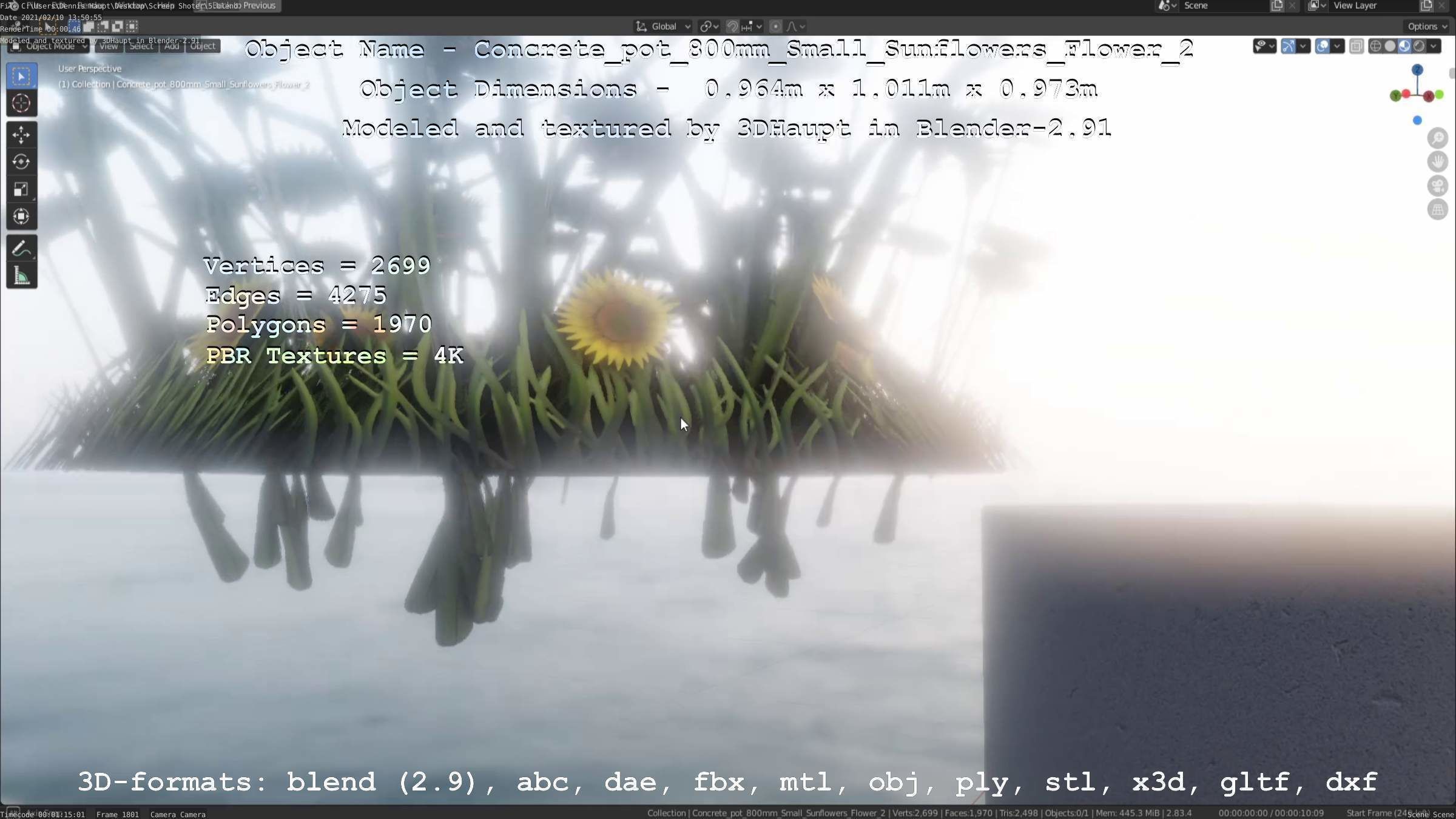 Concrete Pipe Pot 800mm with Small Sunflowers Version 2 Low-poly 3D model_57