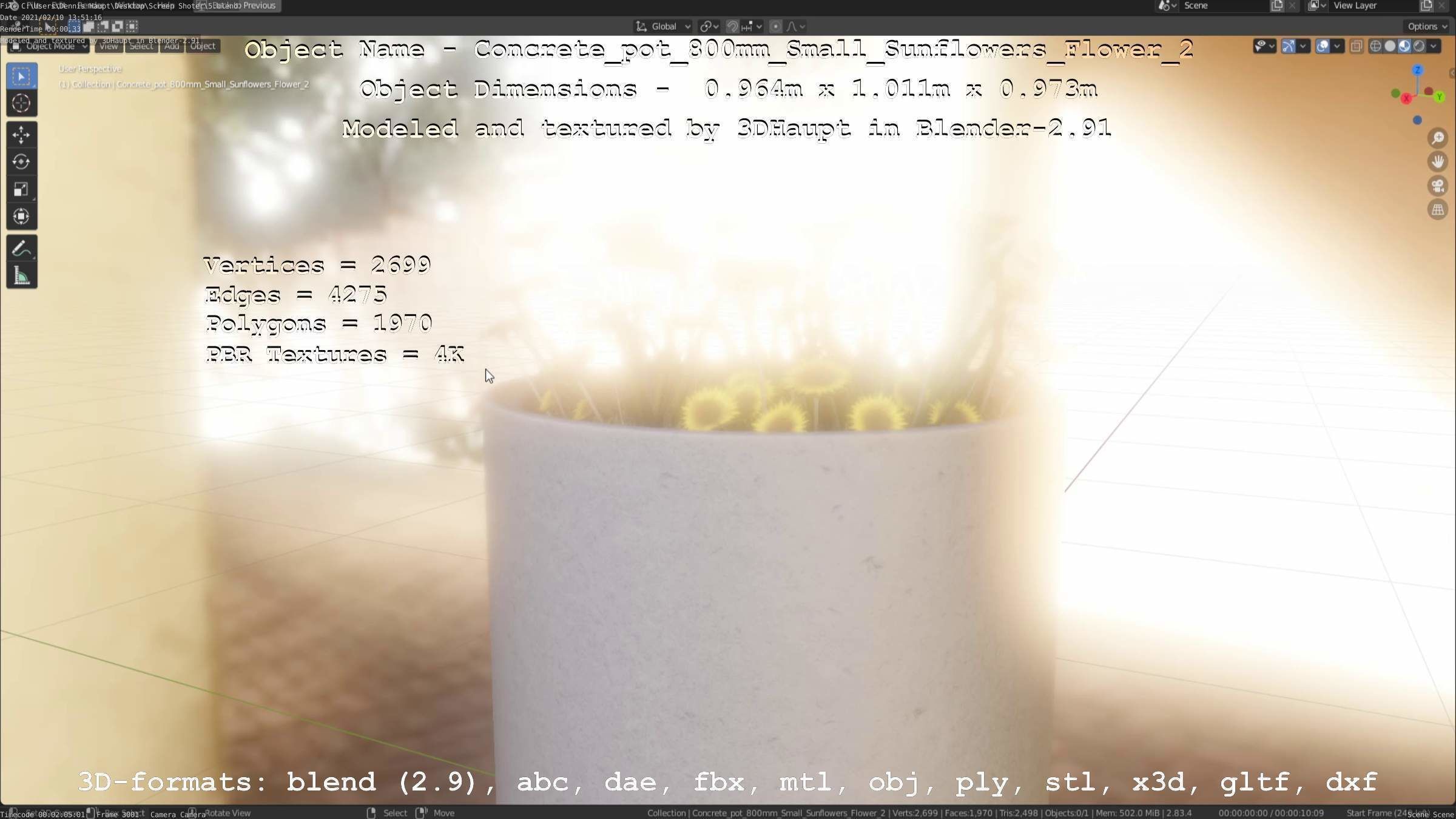 Concrete Pipe Pot 800mm with Small Sunflowers Version 2 Low-poly 3D model_69