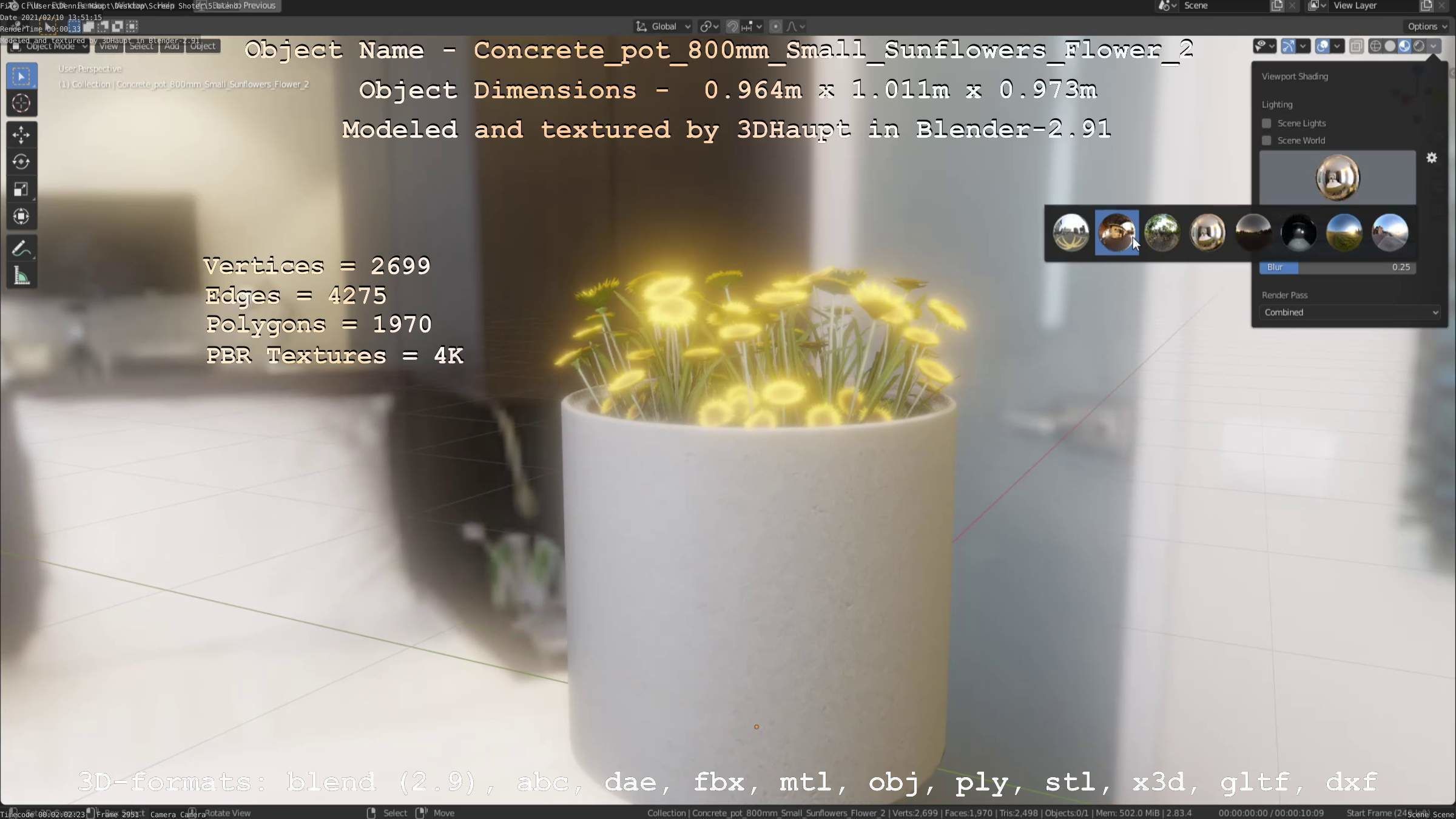 Concrete Pipe Pot 800mm with Small Sunflowers Version 2 Low-poly 3D model_7