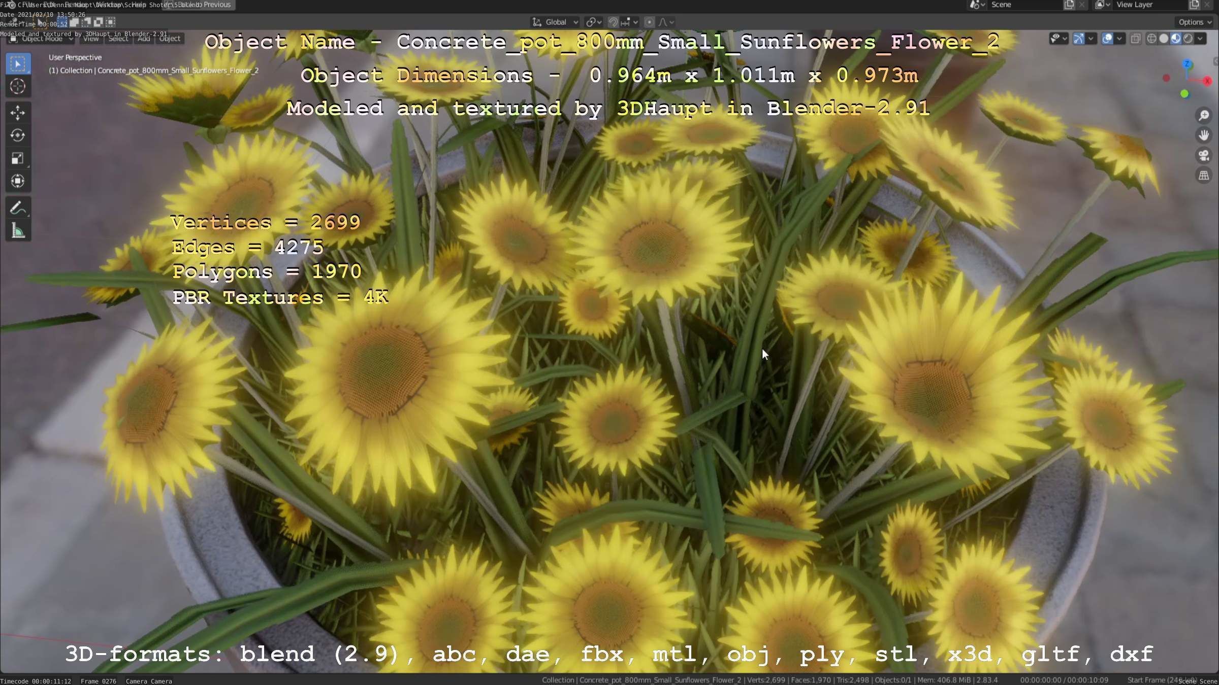 Concrete Pipe Pot 800mm with Small Sunflowers Version 2 Low-poly 3D model_2